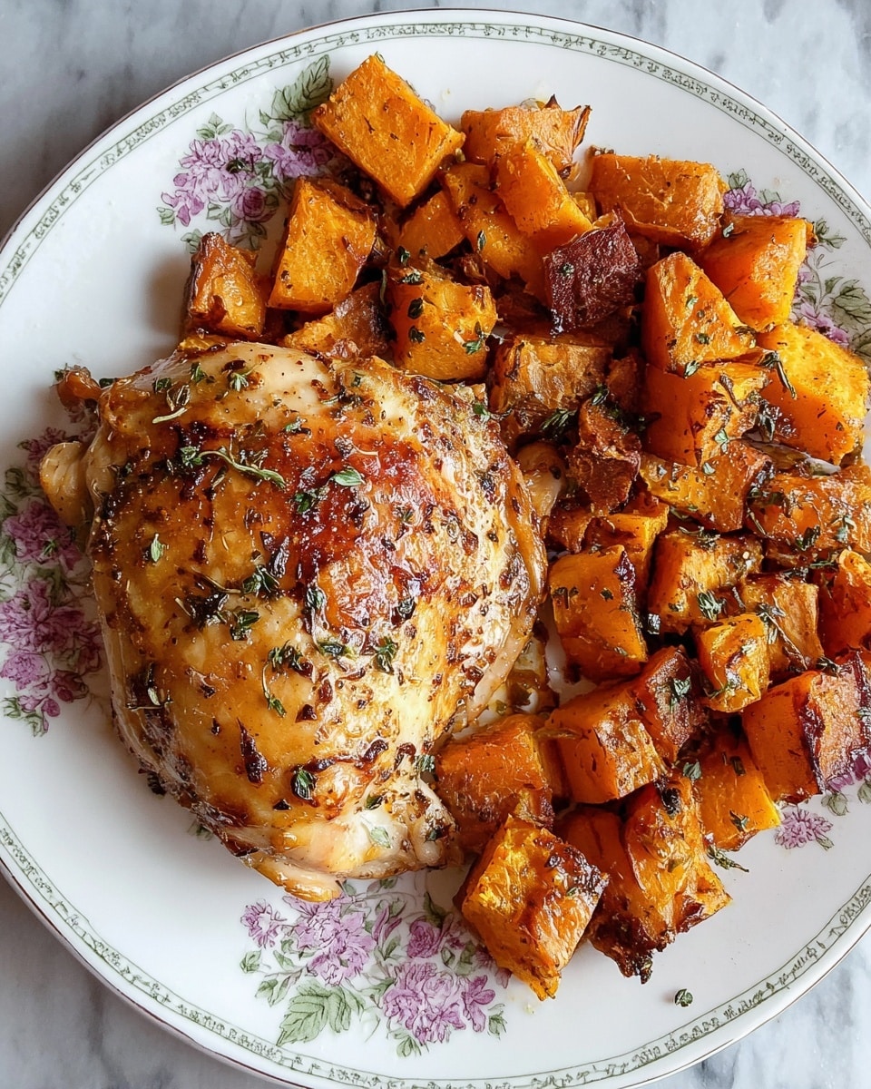 A white plate with a floral border holds a serving of roasted cubed orange squash, some pieces with charred edges, sitting next to a piece of browned, cooked meat sprinkled with green herbs. The squash has a shiny, slightly caramelized texture while the meat looks juicy and tender. The plate is set on a white marbled surface. photo taken with an iphone --ar 4:5 --v 7