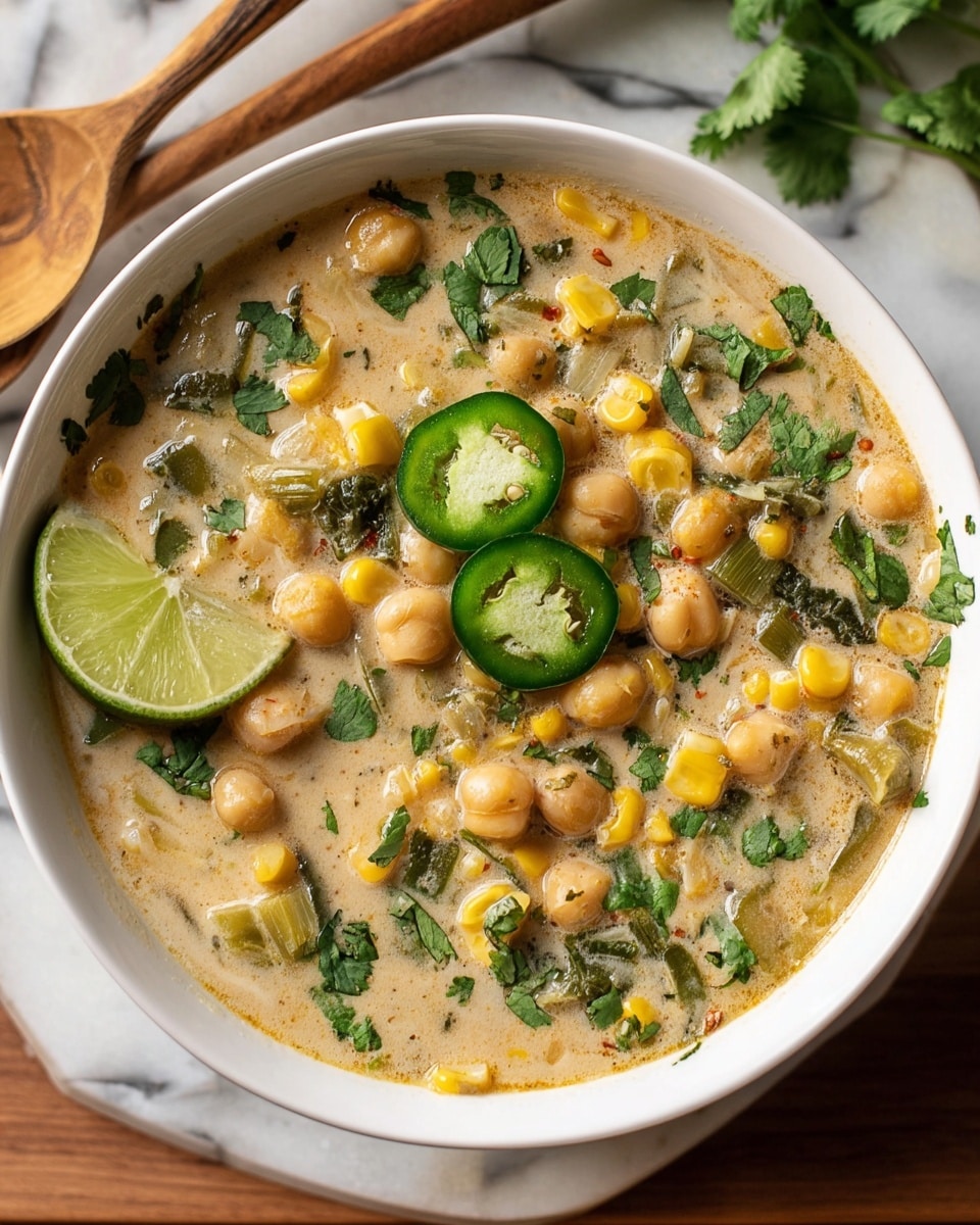 A white bowl filled with a creamy soup showing many chickpeas, yellow corn kernels, and chopped green vegetables mixed in the light beige broth. The top of the soup is decorated with fresh green cilantro leaves scattered around, two bright green jalapeño slices placed close to the center, and a wedge of lime resting on the left side. The bowl is set on a white marbled surface with parts of a wooden utensil visible in the background. photo taken with an iphone --ar 4:5 --v 7