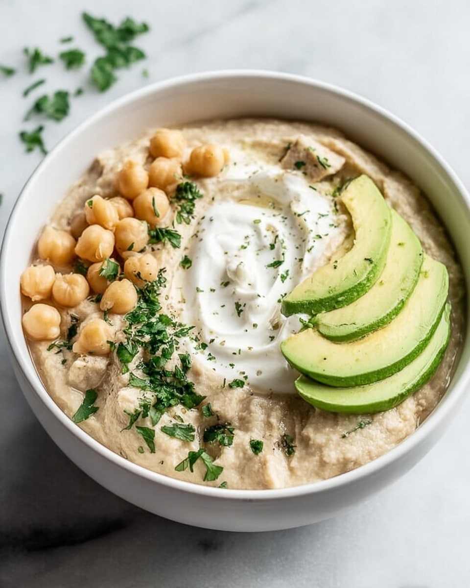 A white bowl filled with a creamy light brown stew at the bottom containing beans and chunks of meat, topped with chopped green herbs scattered across the surface. On one side of the bowl, there are several large, light green avocado pieces with a smooth texture. Next to the avocado, there is a fluffy dollop of white sour cream with soft, rounded edges. A rustic fork with a wooden handle is placed inside the bowl, lifting a chunk of the stew above the surface. The bowl sits on a white marbled surface with a beige textured cloth partially visible in the upper left corner. photo taken with an iphone --ar 4:5 --v 7