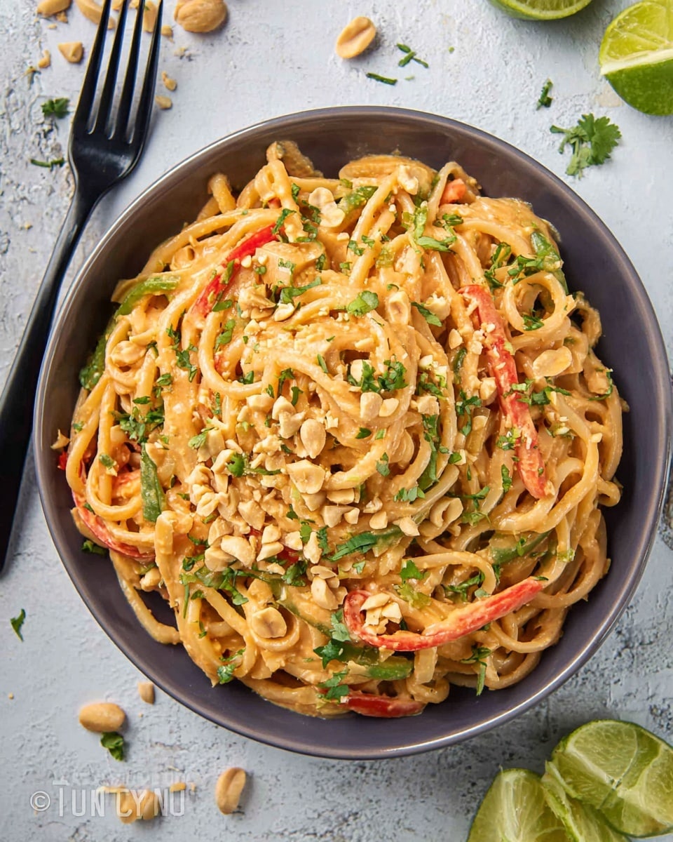 A white bowl filled with a single layer of creamy peanut noodles that are light orange in color, mixed with thin strips of red and green vegetables. The noodles are topped with chopped peanuts and finely chopped green herbs scattered evenly across the surface. The bowl is on a white marbled textured background with some peanuts and lime slices nearby. A black fork is positioned to the left of the bowl. Photo taken with an iphone --ar 4:5 --v 7