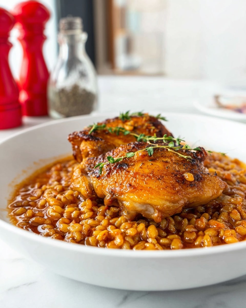 The dish shows two cooked chicken thighs with a golden brown color placed on top of a bed of cooked grains that look like barley or small pasta, both covered in a rich reddish-brown sauce. The grains appear glossy with small bits of herbs and spices mixed in, giving texture and color contrast. Small green herb leaves are scattered on the chicken for garnish. The food is served in a deep white bowl, set on a white marbled surface with blurred background objects including a red pepper grinder and a glass container. photo taken with an iphone --ar 4:5 --v 7