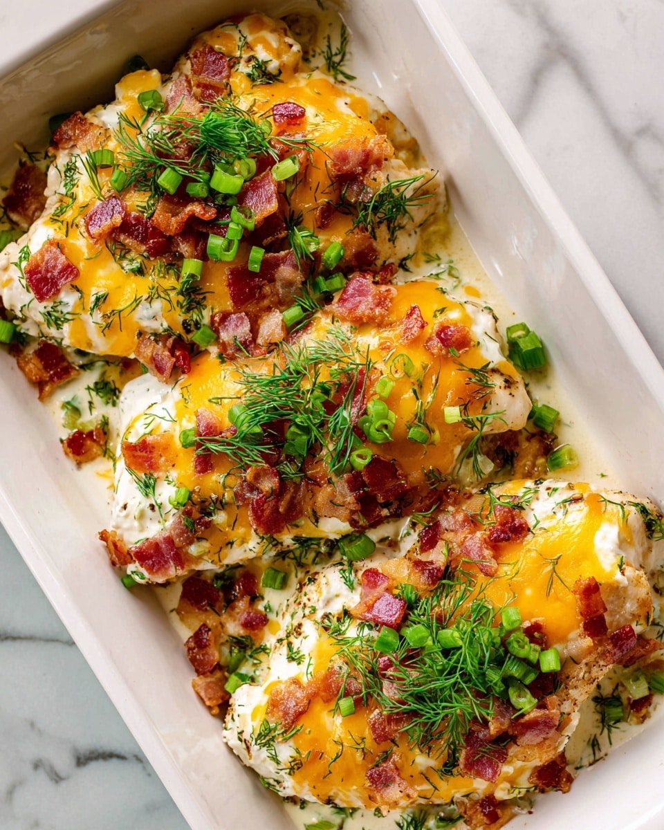 A white rectangular dish holds three chicken breasts layered with a creamy white cheese mixture, topped with melted yellow-orange cheddar cheese. Scattered on top are small pieces of cooked bacon with a pinkish-red color and chopped green onions adding a fresh green contrast. There are also sprigs of fresh dill sprinkled across the chicken, giving small bursts of dark green. The dish rests on a surface with a white marbled texture. photo taken with an iphone --ar 4:5 --v 7