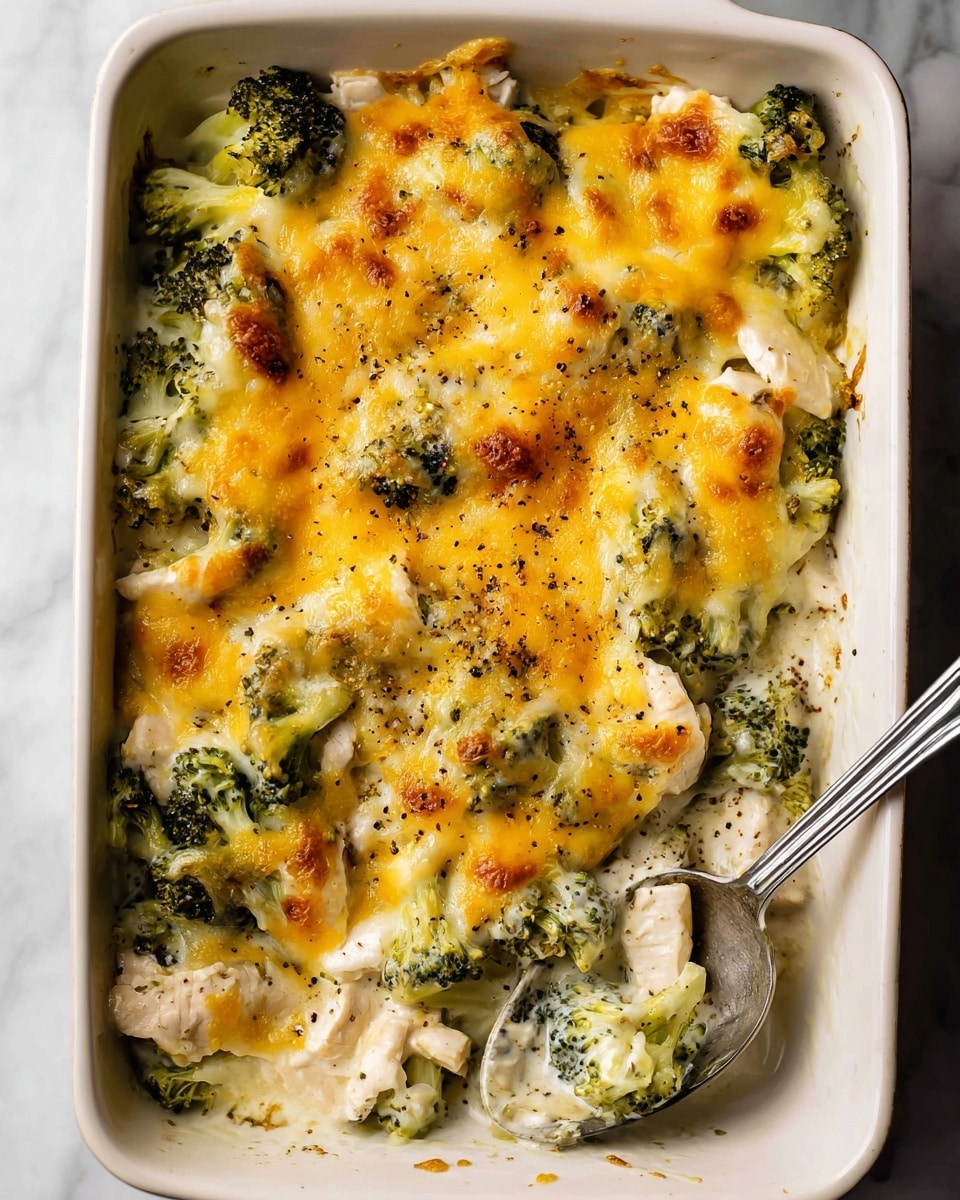 A white rectangular baking dish filled with a layered broccoli and chicken casserole. The bottom layer shows pieces of white chicken mixed with bright green broccoli florets, covered by a creamy white sauce. On top, a thick layer of melted yellow and white cheese with some brown, crispy spots and a light sprinkle of black pepper spreads evenly over the surface. A silver spoon is inside the dish near the bottom right corner, slightly lifting some casserole to show the layers inside. The dish is placed on a white marbled surface. photo taken with an iphone --ar 4:5 --v 7