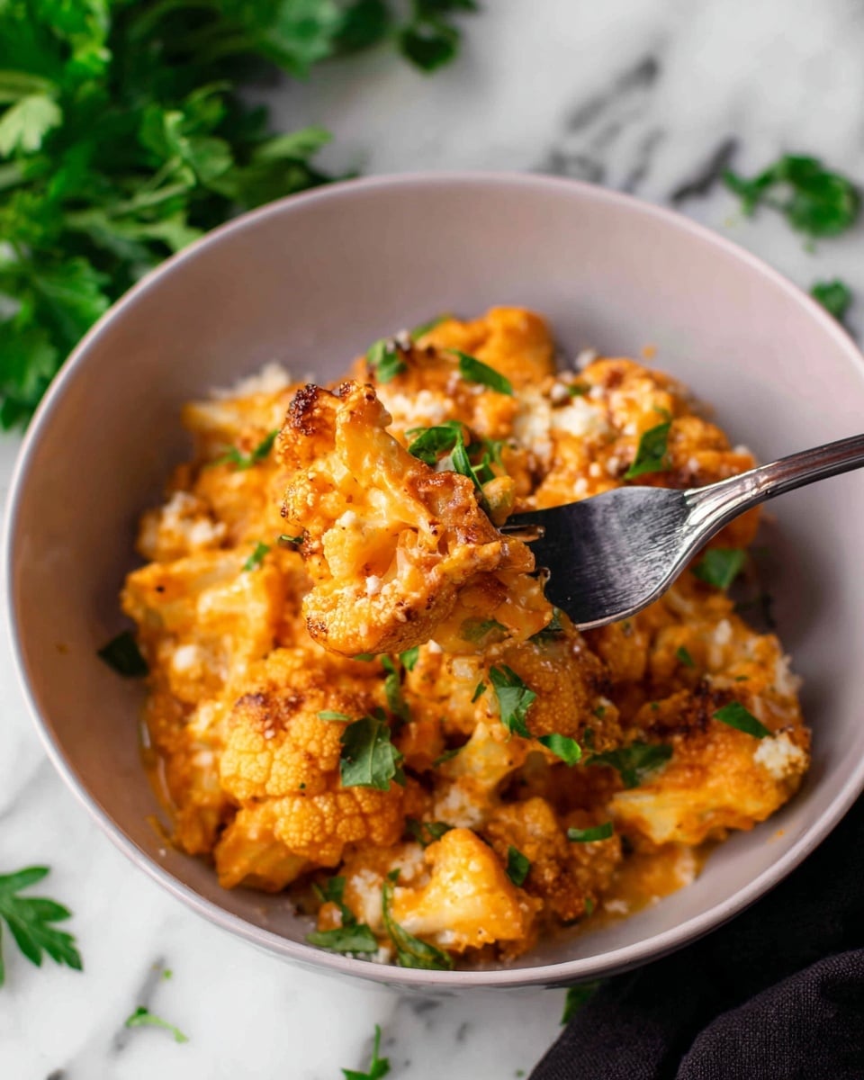 A white bowl filled with a layered cauliflower dish, showing a base rich with orange sauce and chunks of cooked cauliflower. The cauliflower pieces are soft and coated in a thick, creamy, orange-colored sauce with a textured surface. Small green parsley leaves are scattered on top, adding a fresh element. A silver fork holds a bite-sized piece of cauliflower close to the camera, highlighting the soft, slightly crumbly texture. The background is a white marbled surface with some green parsley leaves scattered around, creating a clean, fresh look. photo taken with an iphone --ar 4:5 --v 7