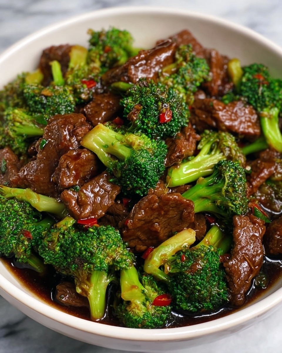 The image shows a close-up of a white bowl filled with beef and broccoli stir-fry. The dish has thick, glossy brown sauce coating tender, thin slices of beef, mixed evenly with bright green broccoli florets that have slightly charred edges, giving a fresh and cooked look. Small red chili pieces are scattered among the beef and broccoli, adding a hint of color. The bowl sits on a white marbled surface, making the rich colors of the food stand out. photo taken with an iphone --ar 4:5 --v 7