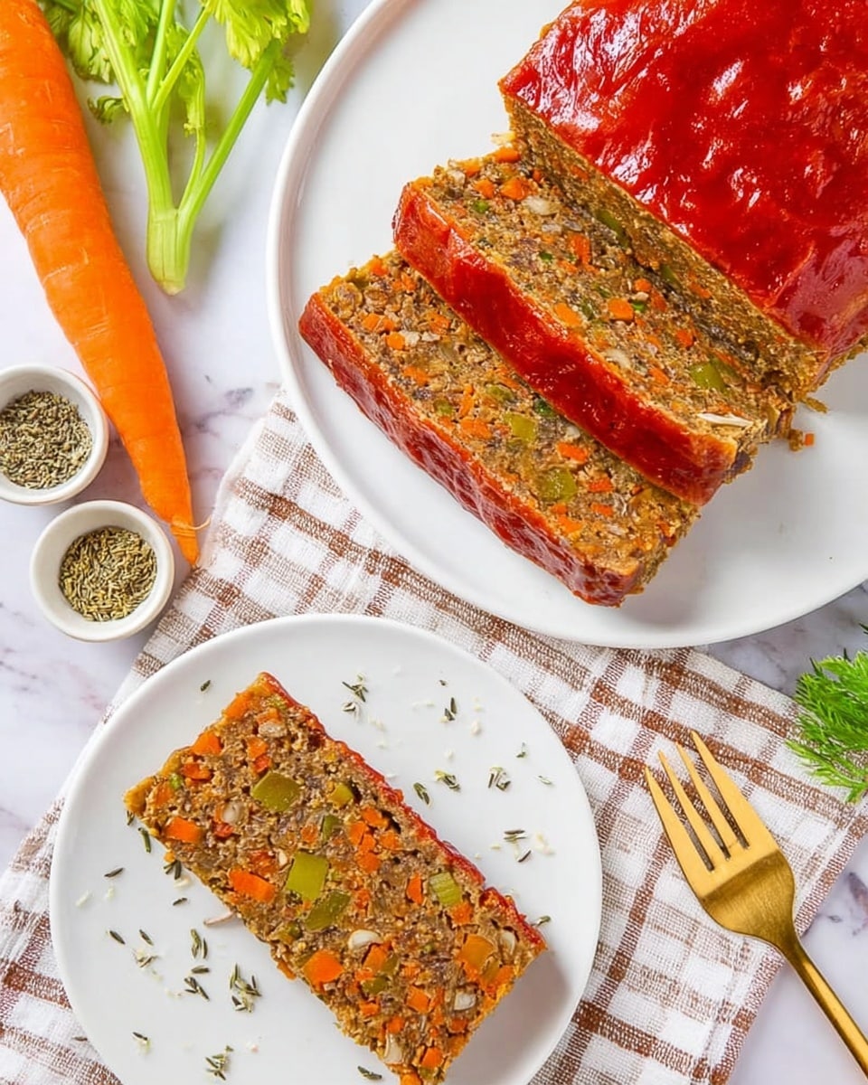 The image shows a loaf sliced into three thick pieces placed on a white plate, topped with a smooth layer of bright red sauce. The loaf itself has a dense texture filled with visible chunks of orange carrots, green celery, seeds, and grains, giving it an earthy look. Another single slice, showing the same detailed texture of vegetables and grains, is placed on a smaller white plate below, sprinkled lightly with dried herbs. A gold fork sits next to the smaller plate on a white marbled surface, with a small glass bowl of dried herbs and a whole carrot with leafy greens nearby. The overall scene has a fresh and natural feel, with warm colors from the food standing out against the white plates and marble background. photo taken with an iphone --ar 4:5 --v 7
