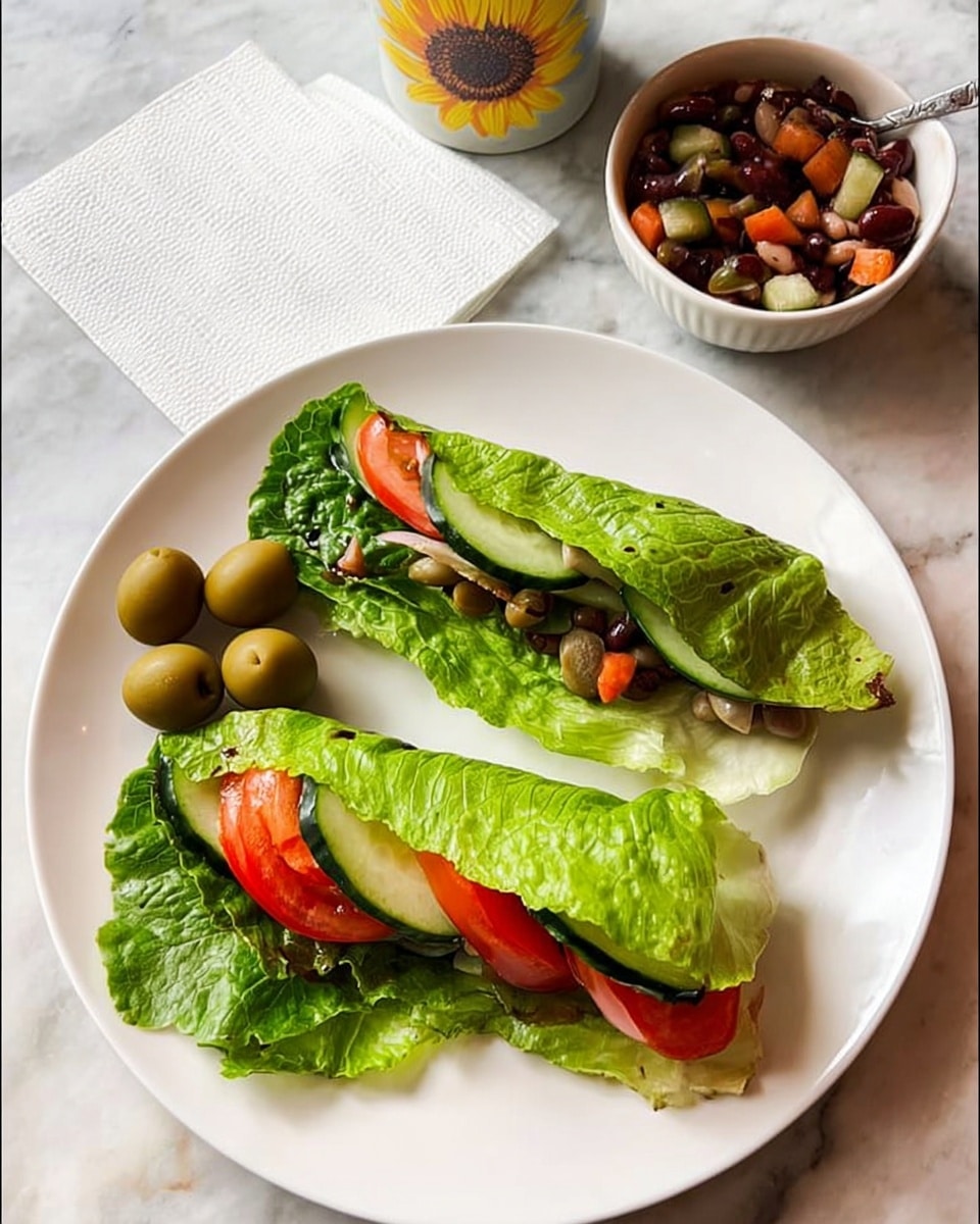 On a white round plate, there are two lettuce leaf wraps placed side by side; each wrap has bright green lettuce leaves folded over layers of sliced cucumber, tomato, and possibly some other thin vegetable slices visible through the leaves. Two green olives sit on the left side of the plate. To the top right of the plate, there is a small white bowl filled with a mix of beans and diced vegetables in dark and light tones. The plate and bowl rest on a white marbled surface with a folded white paper napkin partially under the bowl. A cup with a sunflower design is partially visible at the top of the image. photo taken with an iphone --ar 4:5 --v 7