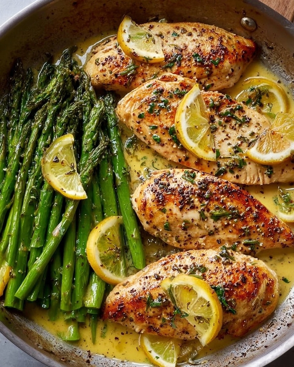 The image shows a skillet with four pieces of browned chicken breasts, each topped with green herbs and black pepper. The chicken sits in a light yellow lemon butter sauce with visible specks of garlic and herbs. Alongside the chicken, a bunch of bright green asparagus spears are cooked and placed neatly to one side. There are thin slices of lemon, some laid on the chicken and others on the asparagus, adding a fresh yellow color contrast. The skillet has a rustic look, and the scene is set on a white marbled texture. photo taken with an iphone --ar 4:5 --v 7
