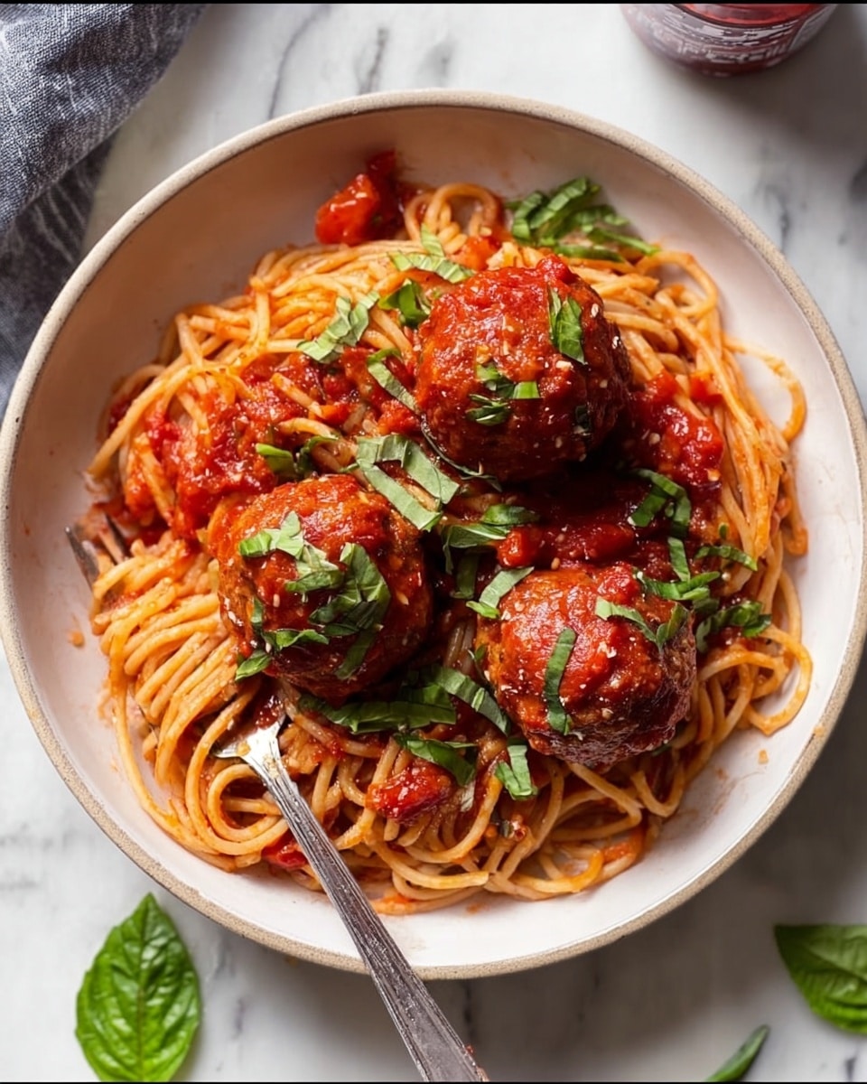 A white round plate holds a serving of spaghetti pasta coated in bright red tomato sauce, with three large, round meatballs sitting on top. The spaghetti is thick and twisted, covering the plate in a layer beneath the meatballs. Fresh green basil leaves are scattered over the meatballs and pasta for color contrast. A silver fork rests in the pasta on the left side of the plate. The plate is set against a white marbled textured surface with some basil leaves and a tomato sauce can partially visible near the edges. Photo taken with an iphone --ar 4:5 --v 7
