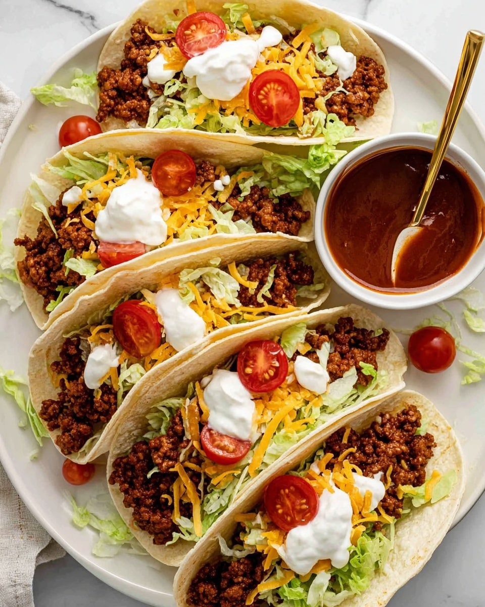 The image shows six soft white tortillas arranged on a white plate with a white marbled surface underneath. Each tortilla is filled with three main layers: fresh green chopped lettuce at the bottom, a layer of cooked minced beef that is dark brown and crumbly, and a sprinkling of shredded yellow and white cheese on top. On each taco, there are a few slices of bright red cherry tomatoes placed evenly, with a dollop of smooth white sour cream sitting near the center. A glossy reddish-brown sauce is drizzled over the sour cream and tomatoes on all the tacos. To the side, there is a small white bowl filled with the same reddish-brown sauce and a small golden spoon resting inside. The overall presentation is neat, colorful, and fresh looking. Photo taken with an iphone --ar 4:5 --v 7