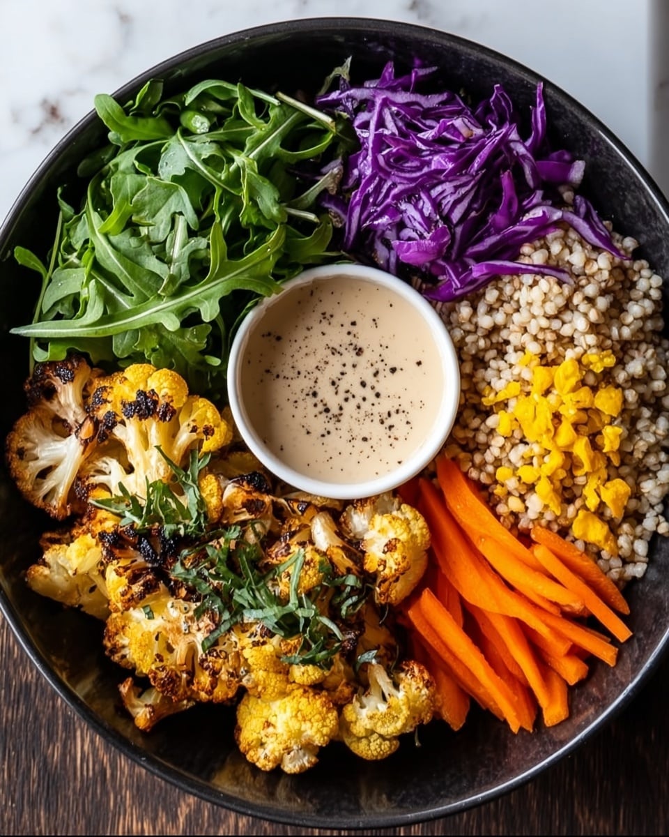 A bowl filled with five different sections: a light beige grain mix with small yellow pieces on the left side, fresh green arugula leaves piled at the top left, bright purple shredded cabbage at the top right, roasted golden-yellow cauliflower with some charred spots mixed with cooked orange carrot sticks at the bottom right. A small round container with a creamy beige sauce sprinkled with black pepper is placed on top of the vegetables. The bowl itself is dark textured and placed on a white marbled surface. Photo taken with an iphone --ar 4:5 --v 7