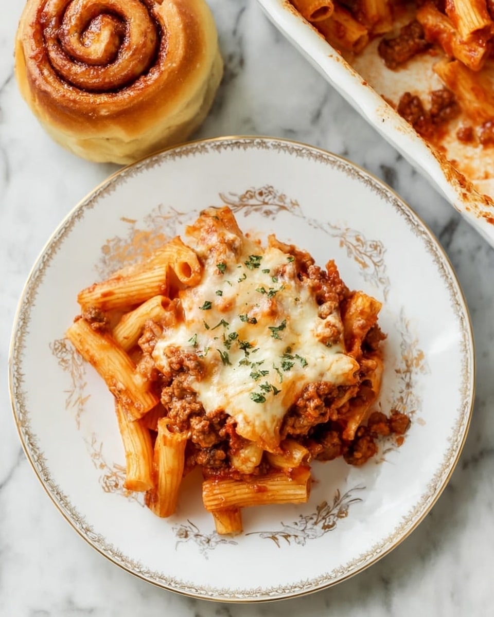 The image shows a white plate with golden decorative edges holding a baked pasta dish with two main layers: the bottom layer is rigatoni pasta mixed with ground meat and a reddish tomato sauce, while the top layer is melted, slightly browned cheese with chopped green herbs sprinkled on it. Next to the plate is a round cinnamon roll with a creamy glaze, sitting on a white marbled surface. The top right corner shows a white rectangular baking dish with more of the same pasta, topped with melted cheese, slightly browned on the edges, with some sauce marks on the dish rim. photo taken with an iphone --ar 4:5 --v 7