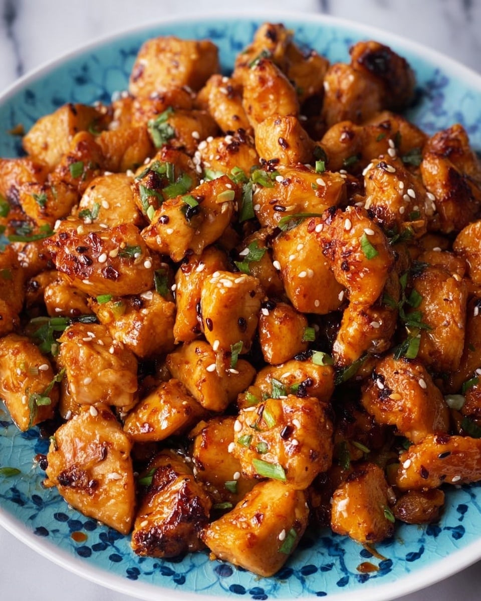 A close-up of many small pieces of cooked chicken that are golden brown with some darker charred spots. The chicken pieces are coated in a glossy, slightly sticky sauce and mixed with small chopped green herbs, likely spring onions, scattered evenly. Small white sesame seeds are sprinkled across the chicken, adding texture. The chicken is served on a white plate with a blue pattern, placed on a white marbled surface. photo taken with an iphone --ar 4:5 --v 7
