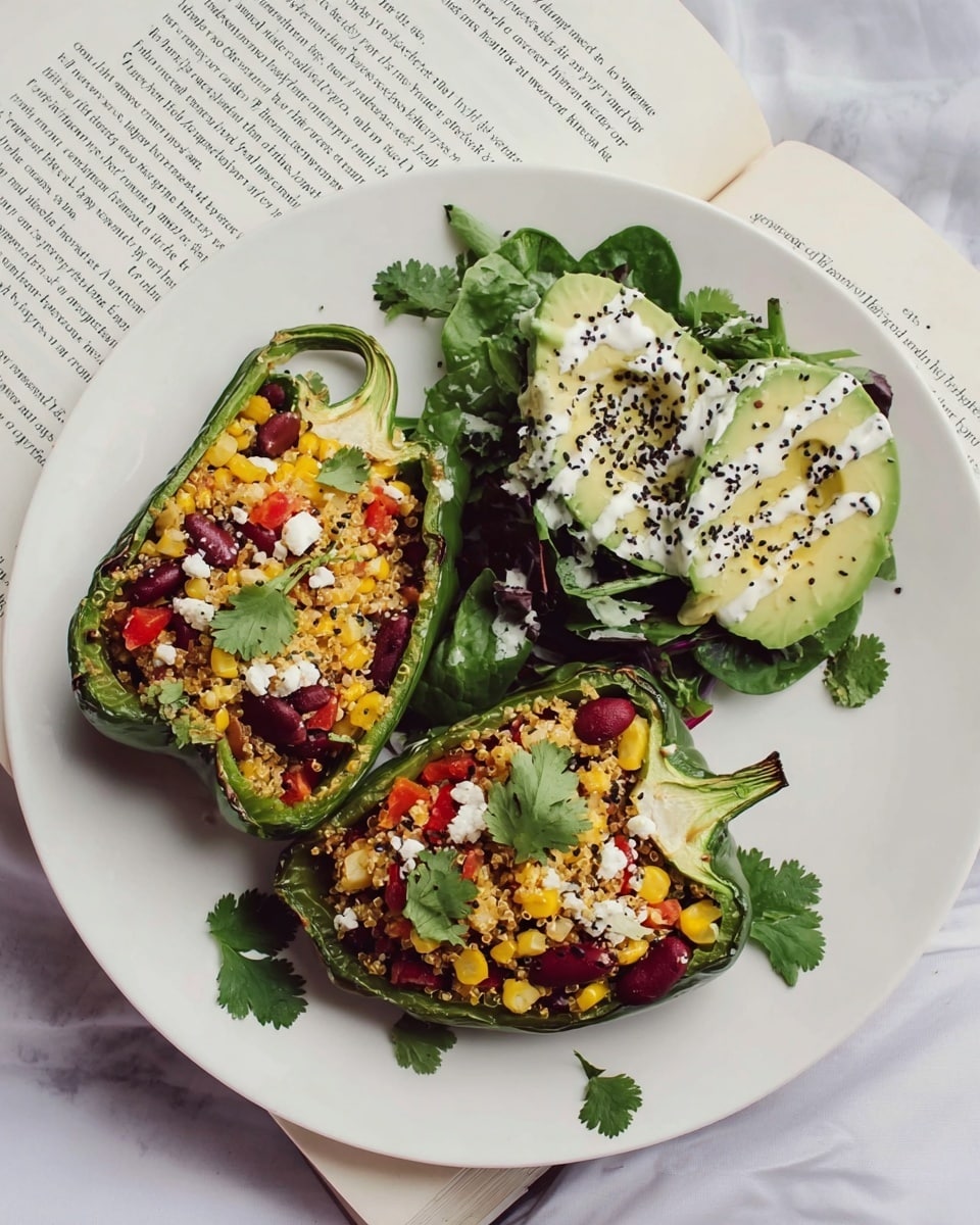 The image shows a white plate on a white marbled surface with two green bell pepper halves filled with a mix of yellow corn, red kidney beans, quinoa, chopped red tomatoes, white cheese crumbles, and garnished with fresh green cilantro leaves. Next to the stuffed peppers is a small salad of dark green leafy greens topped with slices of peeled avocado, drizzled with a white creamy dressing, and sprinkled with black chia seeds. Extra cilantro leaves are scattered around the plate. The plate is set on an open book with visible text. photo taken with an iphone --ar 4:5 --v 7