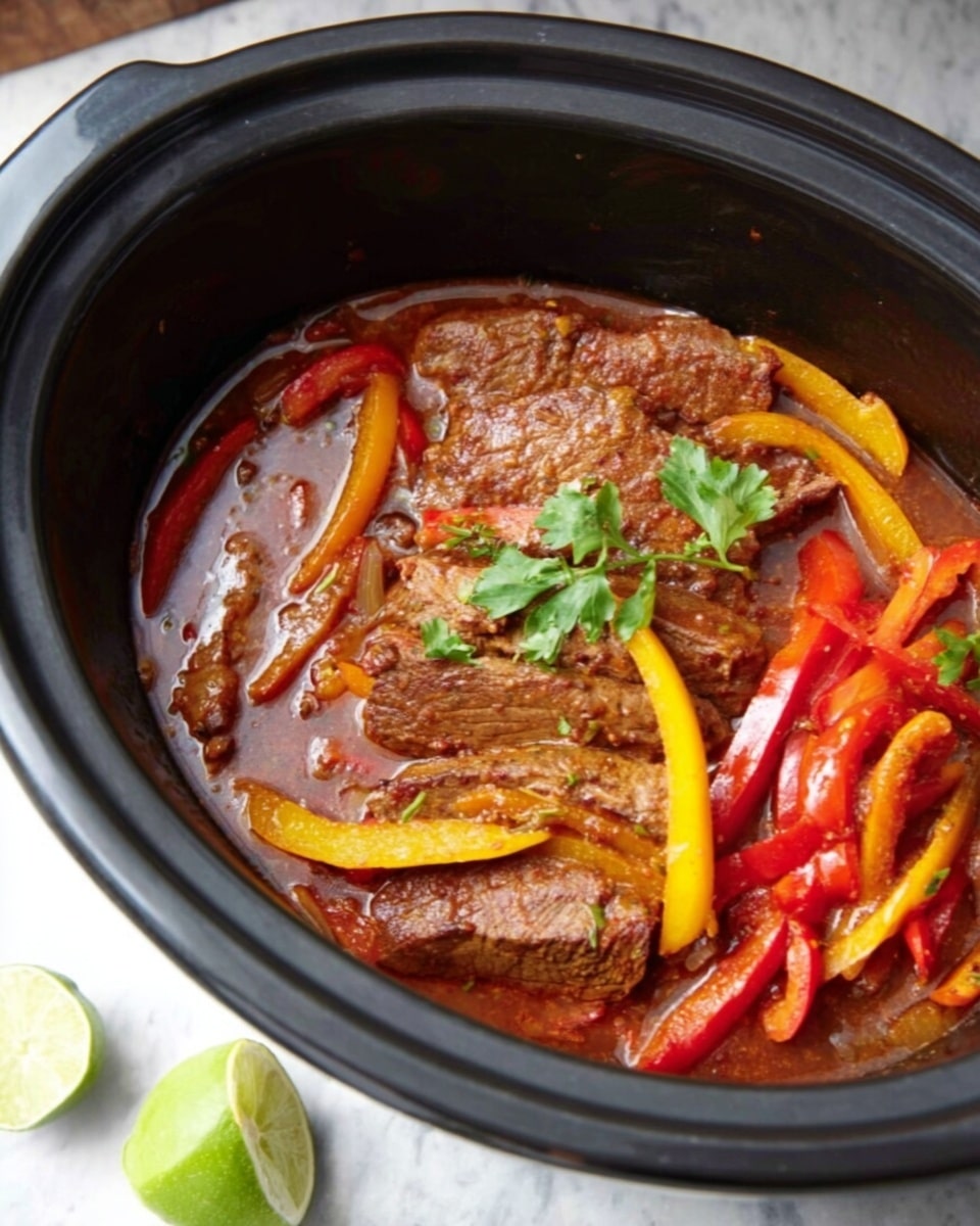The image shows a black slow cooker filled with a rich stew. Inside, there are several slices of browned meat layered with bright red and yellow bell pepper strips scattered around. The stew has a thick reddish-brown sauce covering the meat and peppers. On top, a small green parsley sprig lies in the center as a fresh garnish. The cooker sits on a white marbled surface, and a partially cut lime wedge is placed on the left side, adding a fresh touch to the scene. photo taken with an iphone --ar 4:5 --v 7