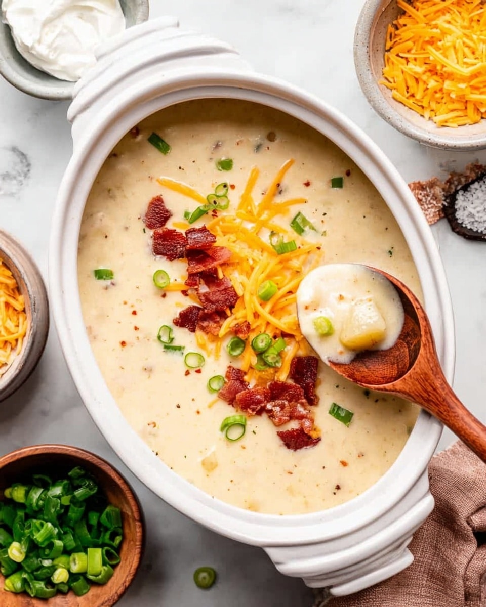 A white oval bowl filled with thick creamy light beige soup containing visible pieces of potato, topped with a cluster of shredded bright orange cheddar cheese, small crispy dark reddish-brown bacon bits, and fresh thinly sliced green onions placed near one edge. A wooden spoon with a round head is dipped into the soup, holding some of the soup along with bacon bits and onion slices. Around the bowl, there are bowls with sour cream, shredded cheese, and green onions, all set on a white marbled surface. Photo taken with an iphone --ar 4:5 --v 7