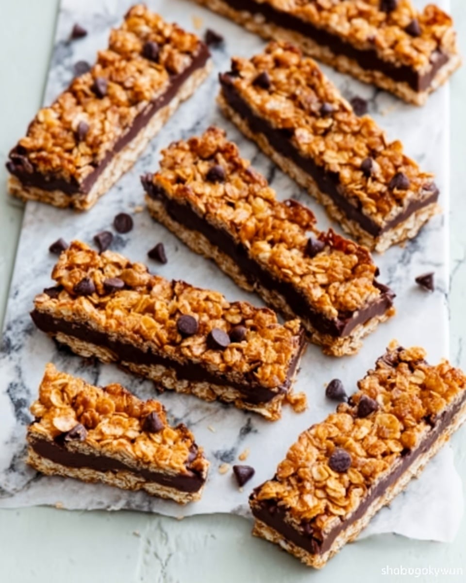 The image shows several rectangular chocolate chip granola bars arranged closely on a white marbled surface. Each bar has a bottom layer that looks dark brown and smooth, resembling chocolate, topped with a thick layer of golden brown granola packed with oats and bits of chocolate chips. The granola layer appears crunchy and textured, slightly uneven on top, with small chocolate pieces sprinkled throughout. One of the bars at the corner is separated from the group, showing its full rectangular shape clearly. The lighting highlights the crunchy texture and rich colors. Photo taken with an iphone --ar 4:5 --v 7