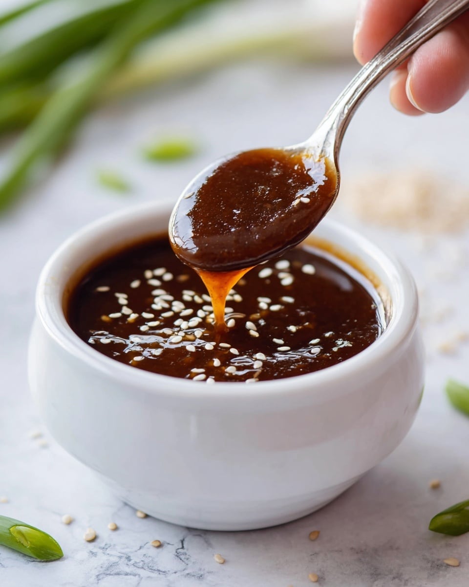 A close-up view of a small white bowl filled with a thick, dark brown sauce that has a glossy, smooth texture, sprinkled with small white sesame seeds on top. A spoon held by a woman's hand is dipping into the sauce, lifting some of the sauce with more sesame seeds visible on it. The background features a soft-focus white marbled texture with scattered sesame seeds and green onion pieces around the bowl, along with some blurred green leaves in the back. photo taken with an iphone --ar 4:5 --v 7