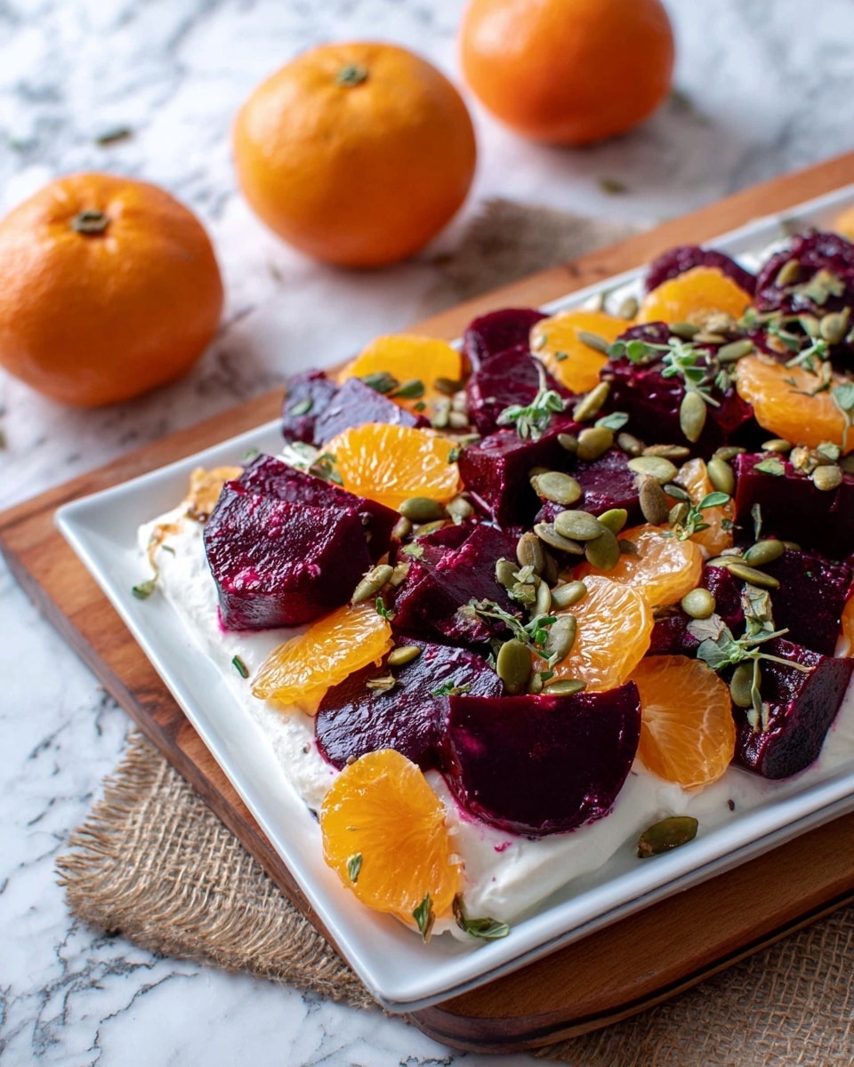 A rectangular white plate holds a layered salad starting with a smooth white creamy base spread evenly across the plate. On top, there are deep purple beet chunks that look soft and juicy mixed with bright orange mandarin segments scattered throughout. Small green pumpkin seeds are sprinkled over the beets and mandarins, adding a crunchy texture. Tiny green herb leaves are also lightly scattered, giving a fresh touch. The plate is set on a wooden board with a piece of burlap fabric underneath, and in the background, there are whole mandarins resting on a white marbled surface. photo taken with an iphone --ar 4:5 --v 7