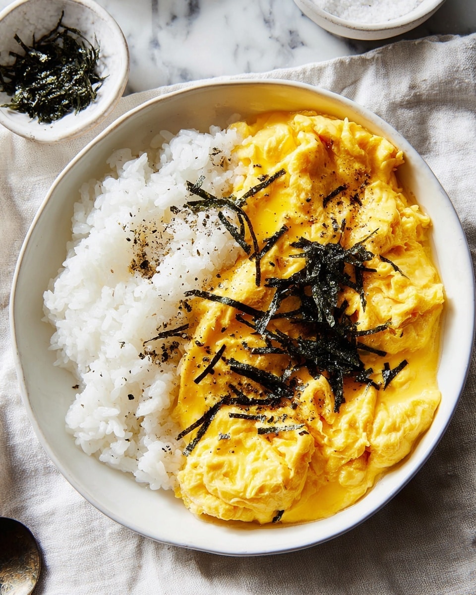 A white bowl shows a dish with two main layers: steamed white rice on the right side, soft and slightly shiny, and a fluffy, bright yellow scrambled egg covering the left side. The egg is smooth with some wrinkles and slight gloss, topped with thin dark green seaweed strips spread over the surface, and a fine sprinkle of black pepper. The bowl rests on a white marbled textured cloth, and nearby are small white dishes with coarse salt and more seaweed pieces. Photo taken with an iphone --ar 4:5 --v 7