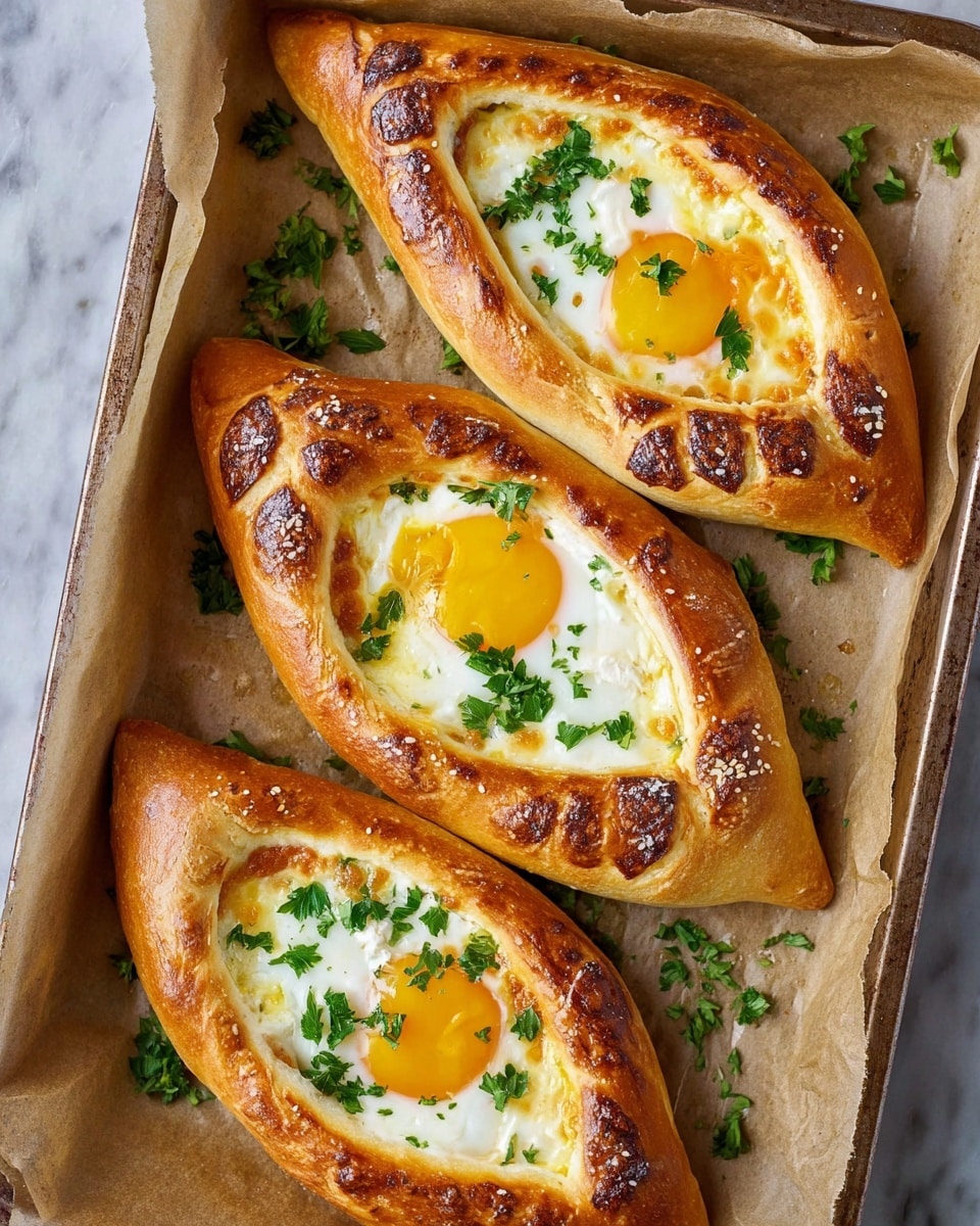 Three oval-shaped bread boats with golden-brown crusts are placed in a baking tray lined with parchment paper. Each bread boat has a slightly puffed, shiny crust with small browned spots and is filled with a layer of melted white cheese topped by a cooked egg with vibrant, runny yellow yolks in the center. Small green parsley leaves are scattered on top of the egg and around the bread boats, adding a fresh touch. The baking tray sits on a white marbled textured surface. photo taken with an iphone --ar 4:5 --v 7