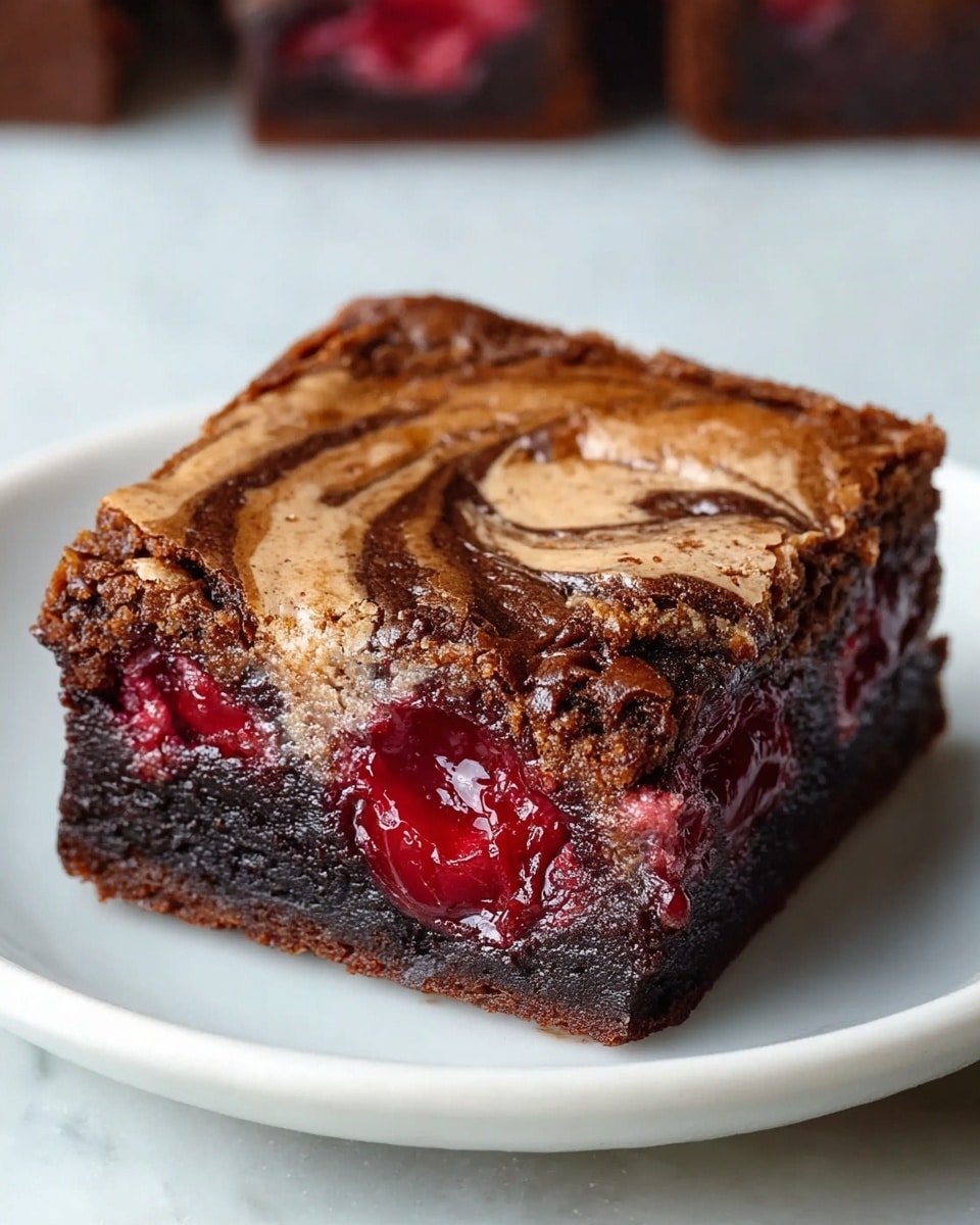 A square brownie with three visible layers sits on a white plate on a white marbled texture. The bottom layer is dark, dense, and fudgy chocolate. The middle layer is bright red, glossy cherry filling that peeks through cracks. The top layer is a shiny, cracked crust with a swirl of light brown and dark chocolate mixing together. The brownie edges are slightly raised and cracked, showing rich texture. Photo taken with an iphone --ar 4:5 --v 7