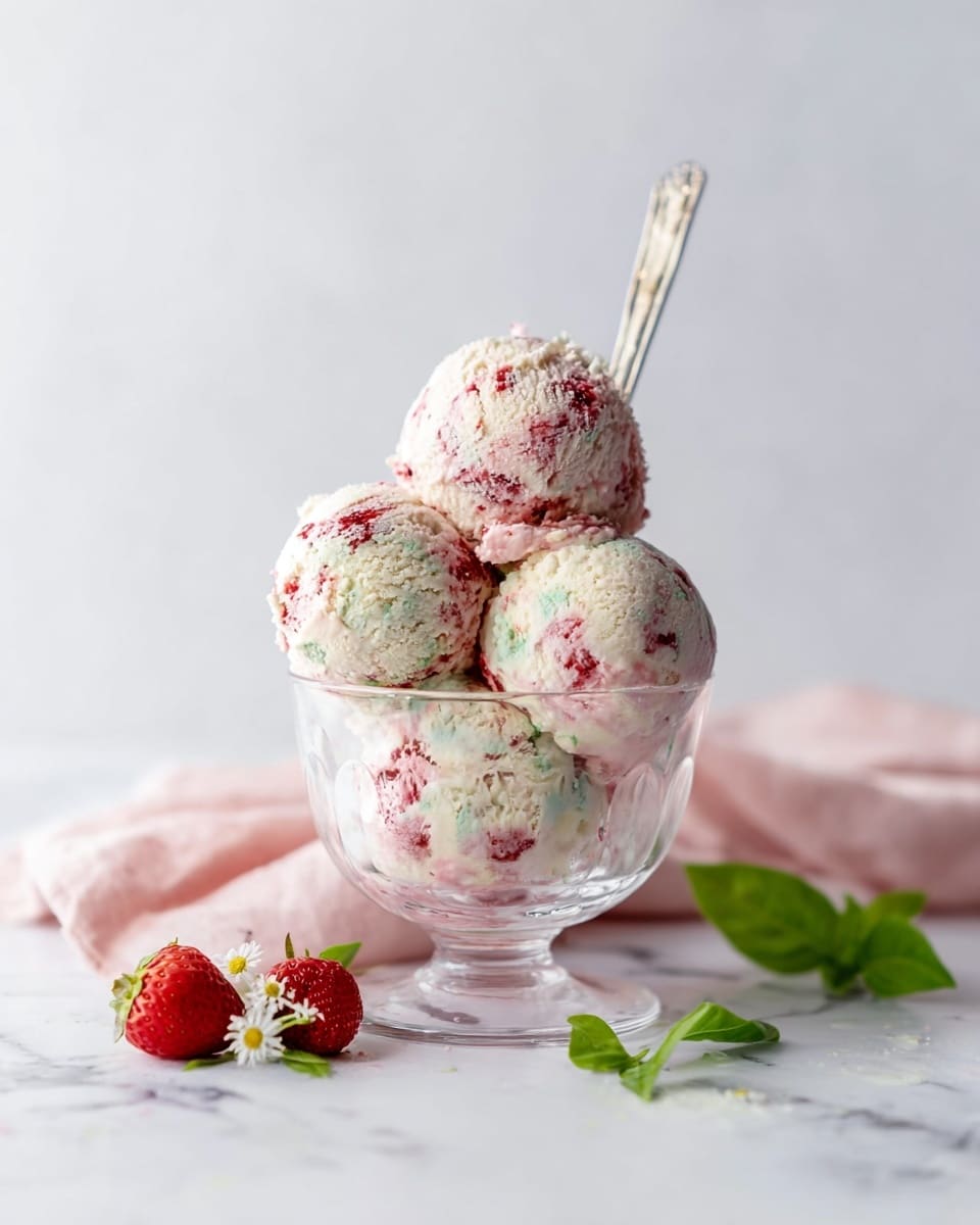 A clear glass cup holds four scoops of creamy ice cream, each scoop showing a mixture of soft pink, white, and light green colors swirled together with patches of red that look like strawberry pieces. The scoops are stacked irregularly, with three scoops resting inside the glass and one balanced slightly above. A small silver spoon stands upright inside the cup, visible behind the ice cream. The glass is placed on a white marbled surface, and near the cup are two small red strawberries, one with a green stem and a small white flower next to it. To the right side of the glass, a small bunch of green basil leaves rests on a pale pink cloth. The whole scene is lit brightly, giving a fresh and clean look to the dessert. photo taken with an iphone --ar 4:5 --v 7