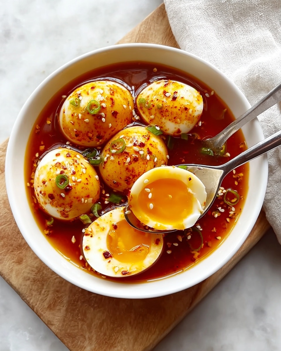 A white bowl is filled with five soft-boiled eggs soaked in a dark reddish-orange spicy sauce with a glossy texture. The eggs have a slightly speckled surface from chili flakes and are garnished with white sesame seeds and small green pieces of spring onion. One egg is cut in half and held by two metal spoons, showing the soft, bright yellow yolk that looks almost runny but thick. The bowl sits on a light wooden board with a white cloth nearby, all placed on a white marbled surface. Photo taken with an iphone --ar 4:5 --v 7