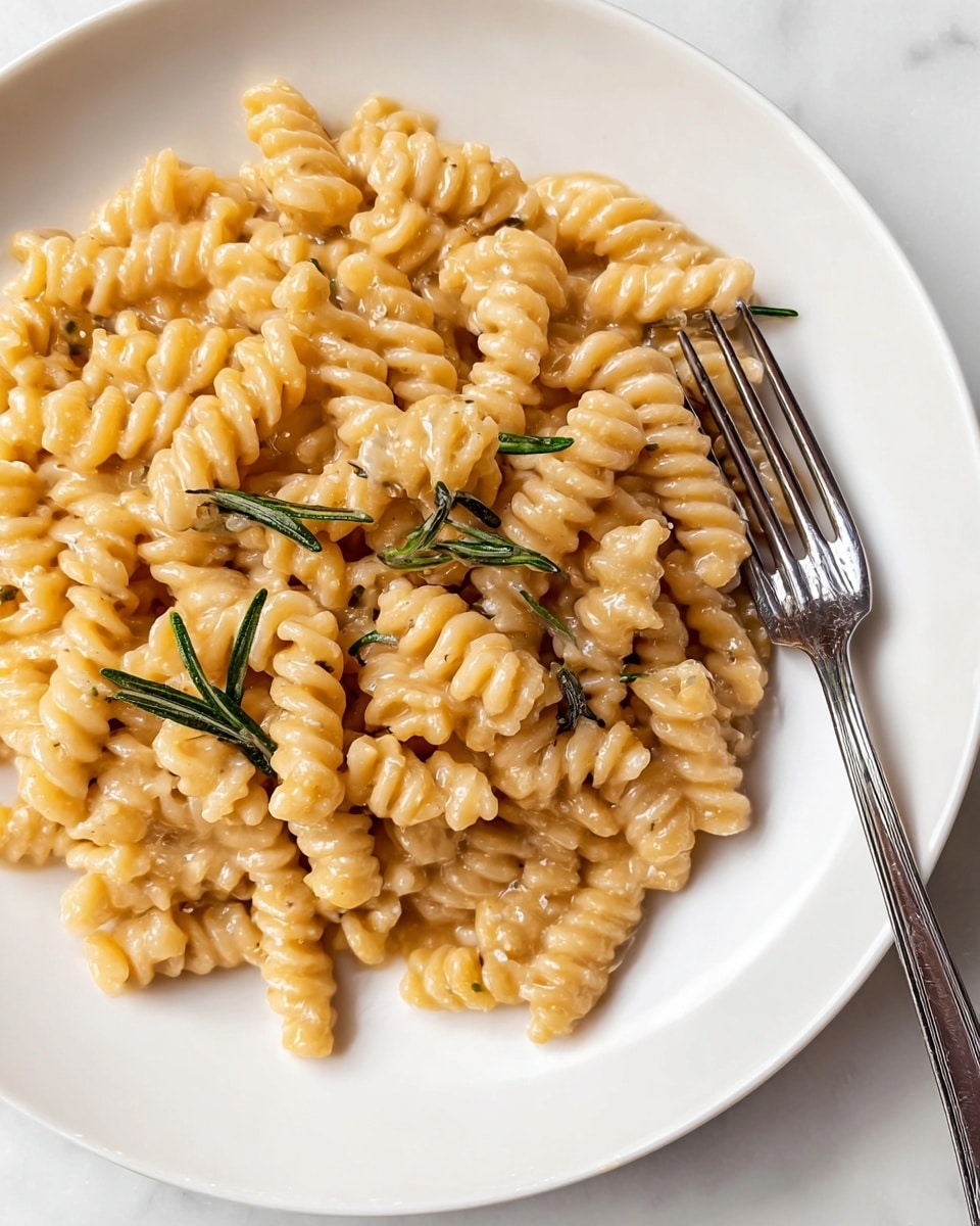 The image shows a close-up of creamy pasta on a white plate with a shiny silver fork resting on the right side. The pasta is short and spiraled, coated evenly with a smooth, light beige sauce that looks rich and glossy. Small rosemary sprigs are scattered gently on top, adding a touch of green that contrasts with the creamy pasta. The white plate sits on a white marbled surface, creating a clean and simple background. The pasta and sauce cover most of the plate’s center, with some pieces overlapping and creating a slightly textured look. Photo taken with an iphone --ar 4:5 --v 7