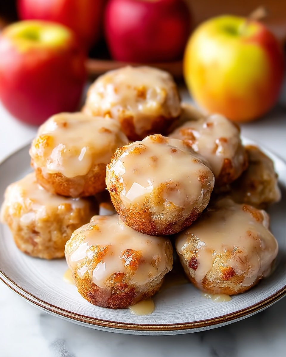 The image shows a white plate with a grey rim holding seven small round cake-like treats arranged in a loose pile. Each treat has a golden-brown textured base with a slightly crispy surface and is covered by a shiny, light beige glaze that smoothly drips over the edges. The background features out-of-focus whole red and yellow apples placed on a white marbled surface. photo taken with an iphone --ar 4:5 --v 7
