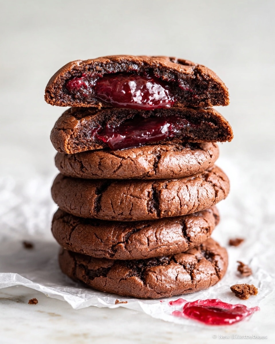 The image shows two thick brownies stacked on each other, each cut to reveal a rich, gooey cherry filling layer in the middle. The brownie layers are dark brown with a slightly cracked, crisp top, and the inside looks moist and dense. The cherry layer is a bright, glossy red with a smooth, jelly-like texture that contrasts against the chocolate. The brownies sit on a white marbled surface with some crumbs and smears of the cherry filling around them, alongside a knife that has traces of the red filling. photo taken with an iphone --ar 4:5 --v 7
