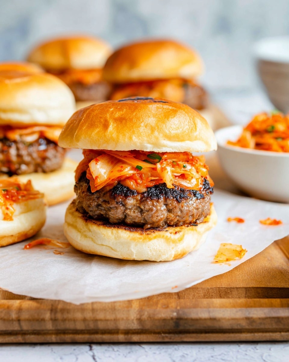 A close-up view of a burger showing three main layers on a white bun: the bottom bun with a light toasted texture, a thick, juicy beef patty with grilled marks in the middle, and a bright orange-red kimchi topping with chopped vegetables on the top, all held together by a soft, golden brown top bun with a slightly wrinkled surface. The burger rests on a sheet of white parchment paper on a wooden board, with some kimchi pieces scattered around. In the soft focused background, other similar burgers and a white bowl filled with more kimchi sit on a white marbled textured surface. Photo taken with an iphone --ar 4:5 --v 7