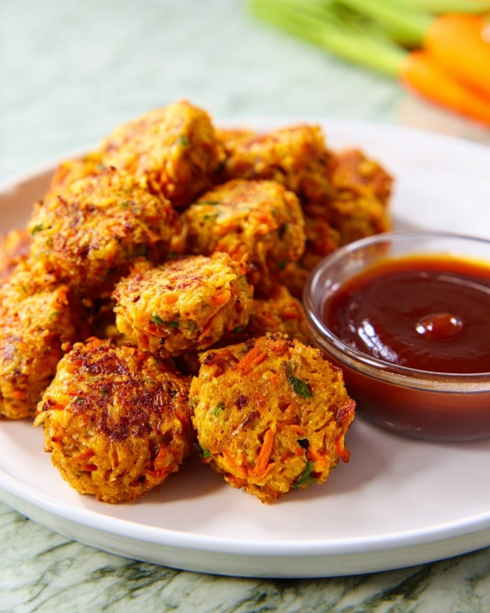 A white round plate holds a pile of small, round fritters with a rough texture, showing bits of orange and green from shredded vegetables and herbs mixed inside. The fritters are golden brown with some darker spots, placed closely together in a semi-circular mound on the left side of the plate. On the right side, a small clear glass bowl filled with thick, dark red-brown dipping sauce sits next to the fritters. The background features a white marbled texture with blurred hints of green and orange shapes, suggesting fresh produce. Photo taken with an iphone --ar 4:5 --v 7