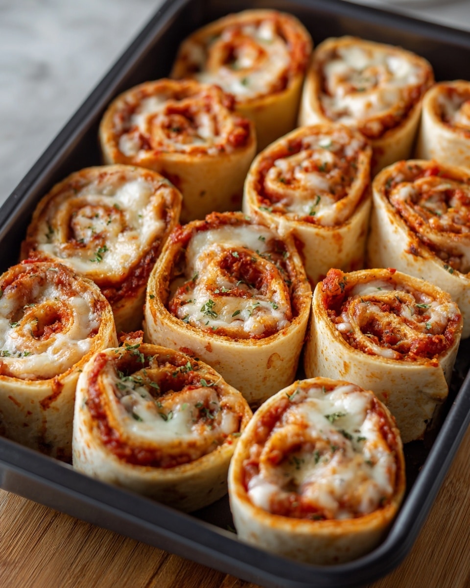 The image shows a black baking tray filled with several pizza rolls standing upright in close rows. Each roll has around three layers visible from the side: a light beige outer dough layer with some browned crisp edges, a bright red tomato sauce middle layer, and an inner layer of melted white cheese sprinkled with bits of green herbs. The rolls' textures look soft with slightly crispy edges, and the cheese appears gooey and smooth. The tray is set on a wooden surface, but for the prompt, visualize a white marbled texture as the background. photo taken with an iphone --ar 4:5 --v 7