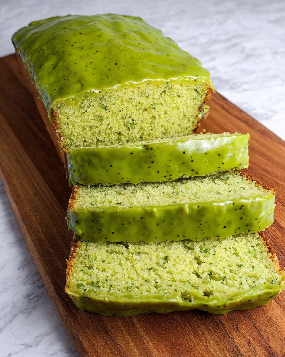 A loaf cake with three thick slices cut and slightly tilted on each other, showing a dense, moist, bright green crumb texture inside; the whole cake is covered with a smooth, glossy, cracked green glaze with small black specks spread evenly on the outer layer, sitting on a wooden cutting board on a white marbled surface. photo taken with an iphone --ar 4:5 --v 7
