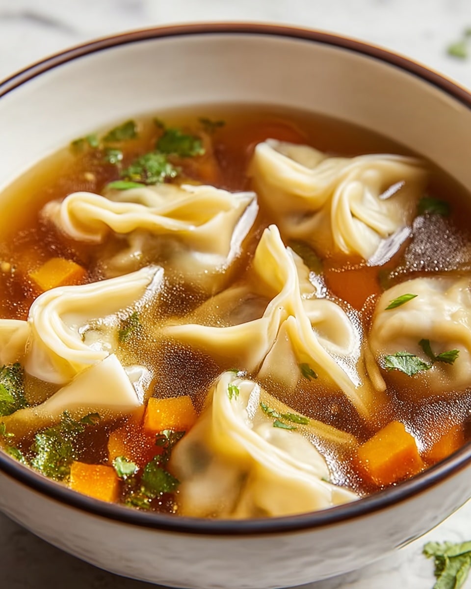 A white pot filled with dark brown broth soup containing pale yellow dumplings with crinkled edges floating on top, bright green bok choy leaves and light green sliced scallions scattered throughout, along with dark brown sliced mushrooms adding texture. The soup is gently steaming, showing a rich and fresh combination of ingredients, resting on a rust-colored cloth over a white marbled surface. In the top right corner, there is a small white bowl filled with more sliced green scallions. photo taken with an iphone --ar 4:5 --v 7