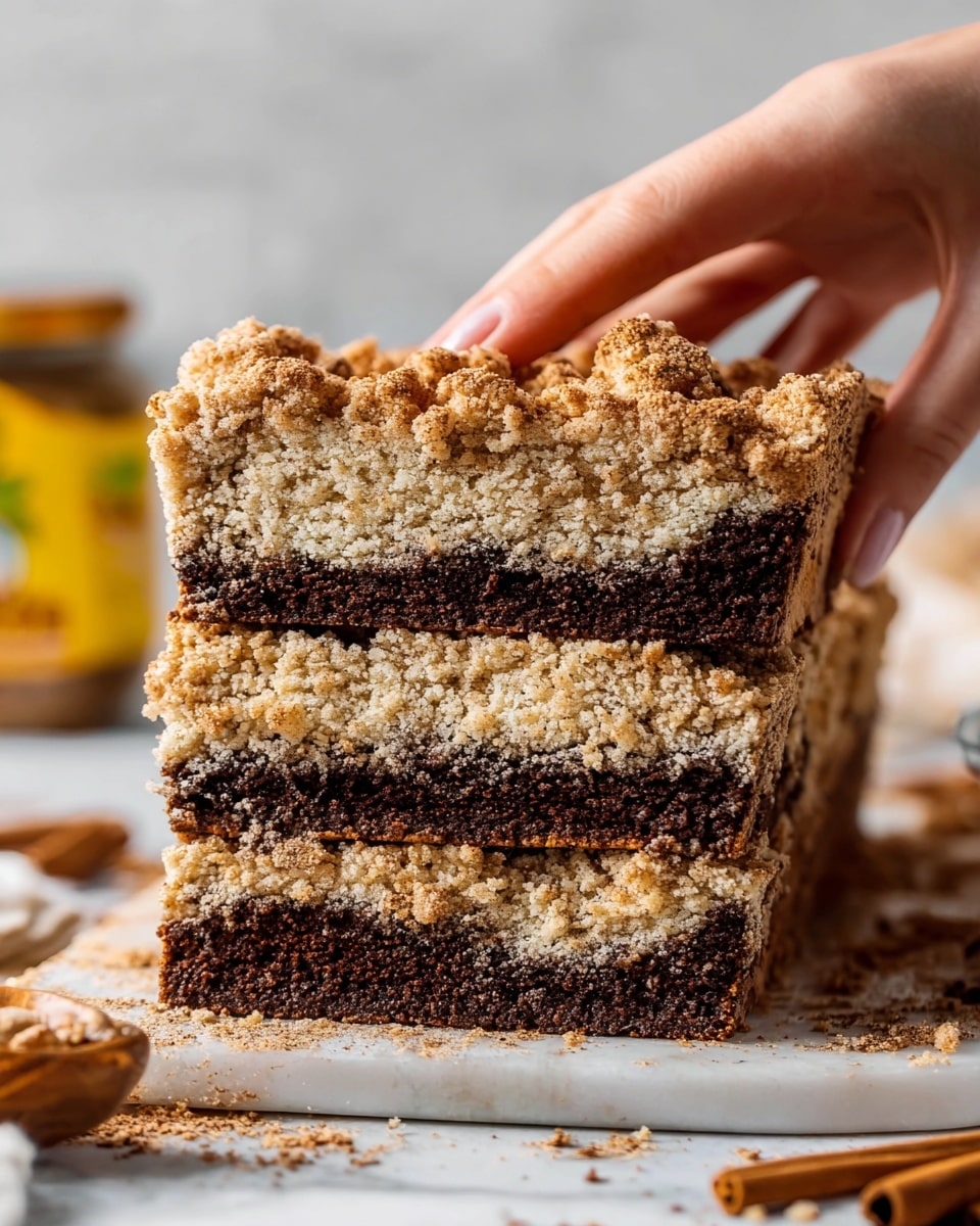 The image shows a close-up of a thick, tall slice of crumb cake with two visible layers. The bottom layer is dark brown with a moist texture, and it is topped with a thick, light beige crumb topping that looks crumbly and coarse. The crumb layer covers most of the cake, creating a textured surface with uneven chunks. A woman's hand is lifting the top part of the crumb cake gently. The cake rests on a white marbled surface with some scattered crumbs and cinnamon sticks around. A jar with a yellow lid and label is slightly blurred in the background. Photo taken with an iphone --ar 4:5 --v 7