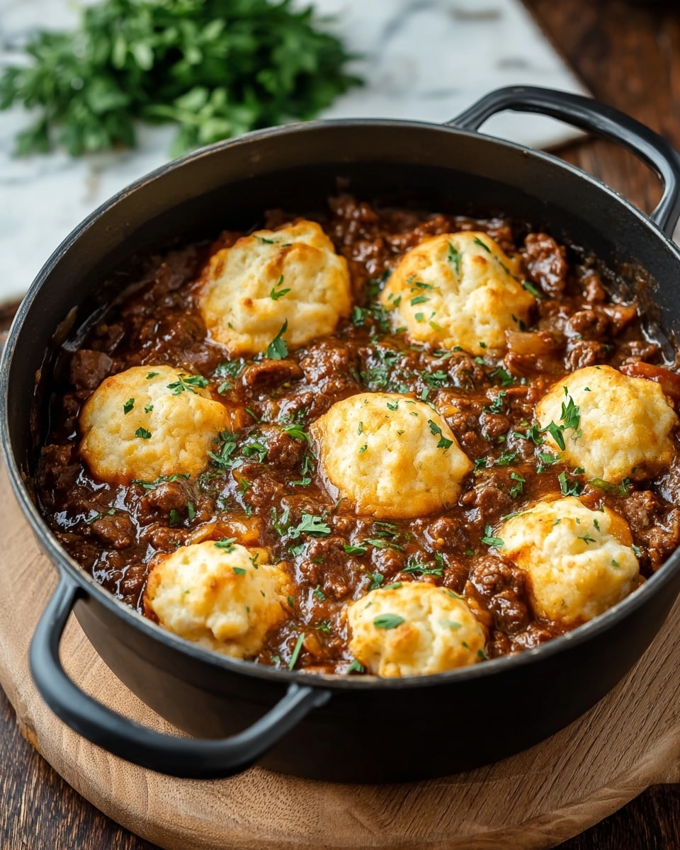 A black pot filled with a rich, thick brown meat sauce with small chunks of beef and bits of onion filling the base. On top, there are ten golden, round biscuit-like dumplings, each slightly browned and soft-looking with a smooth texture, scattered evenly over the meat layer. The dish is garnished with chopped green parsley sprinkled lightly over the top. The pot rests on a rustic wooden board with a blurred green herb bunch in the background on a white marbled surface. photo taken with an iphone --ar 4:5 --v 7