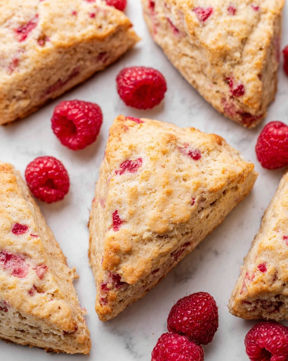A close-up view of several triangular scones on a white plate, each scone showing a light golden-brown crust with visible red raspberry pieces baked inside, giving a slightly rough texture. The scones have a soft, crumbly look with small air pockets, and the surface has scattered raspberry seeds. Fresh bright red raspberries are placed around the scones on the white marbled surface, adding contrast and a fresh feel to the composition. The overall scene is bright and inviting, highlighting the scones and raspberries clearly. photo taken with an iphone --ar 4:5 --v 7