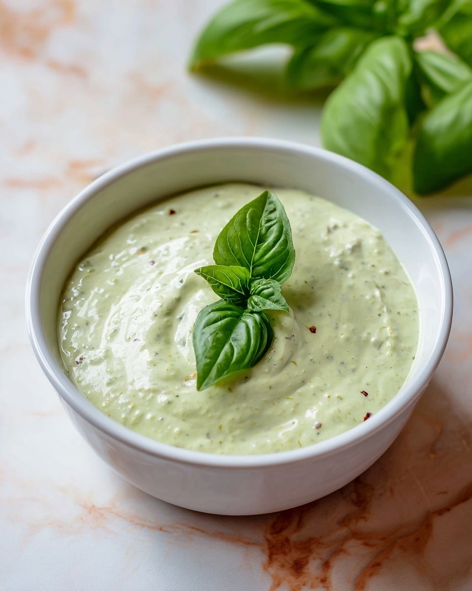 A small white bowl filled with a creamy, pale green sauce that has a smooth, slightly speckled texture with small bits mixed throughout, topped with a single large, fresh basil leaf in the center, placed on a white marbled surface with a few more basil leaves blurred in the background. photo taken with an iphone --ar 4:5 --v 7