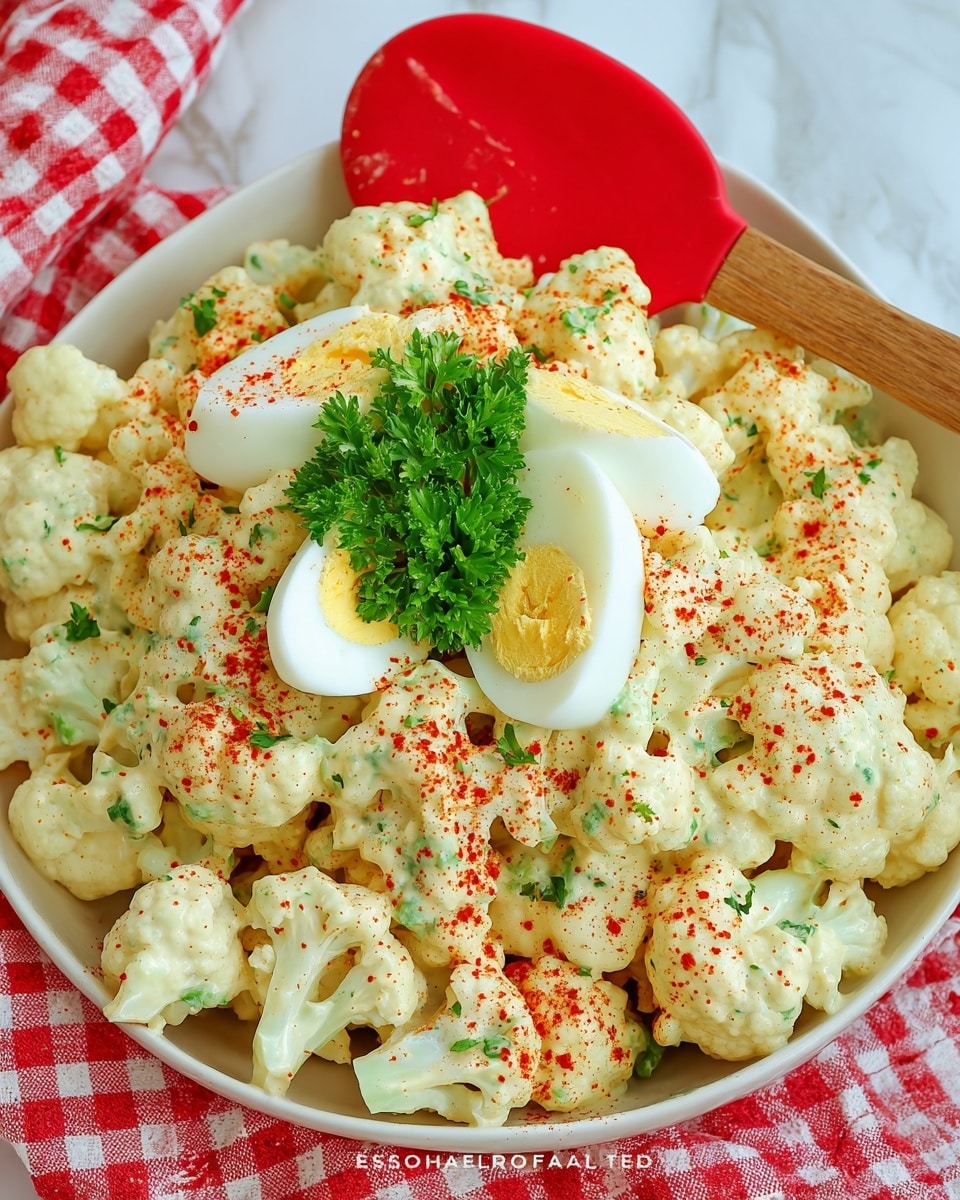 A white bowl filled with creamy cauliflower salad, where small cauliflower pieces are coated in a thick pale yellow sauce with tiny green herb specks. The salad is sprinkled with red paprika powder over the top, adding a bright contrast. In the center are three slices of hard-boiled egg, showing their white outer layer and soft yellow yolks inside. A small bunch of fresh green parsley sits on top for garnish. A red spatula with a wooden handle rests in the bowl on the right side. The bowl is placed on a white marbled surface with a red and white checkered cloth partially visible underneath. Photo taken with an iphone --ar 4:5 --v 7