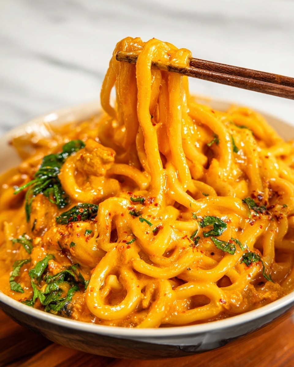 A close-up view of thick, udon noodles coated in a rich, creamy orange sauce with specks of red spice, lifted by a pair of wooden chopsticks above a deep white bowl filled with more noodles mixed with small pieces of green leafy herbs and bits of chicken, all sitting on a white marbled surface, creating a warm and inviting look. photo taken with an iphone --ar 4:5 --v 7