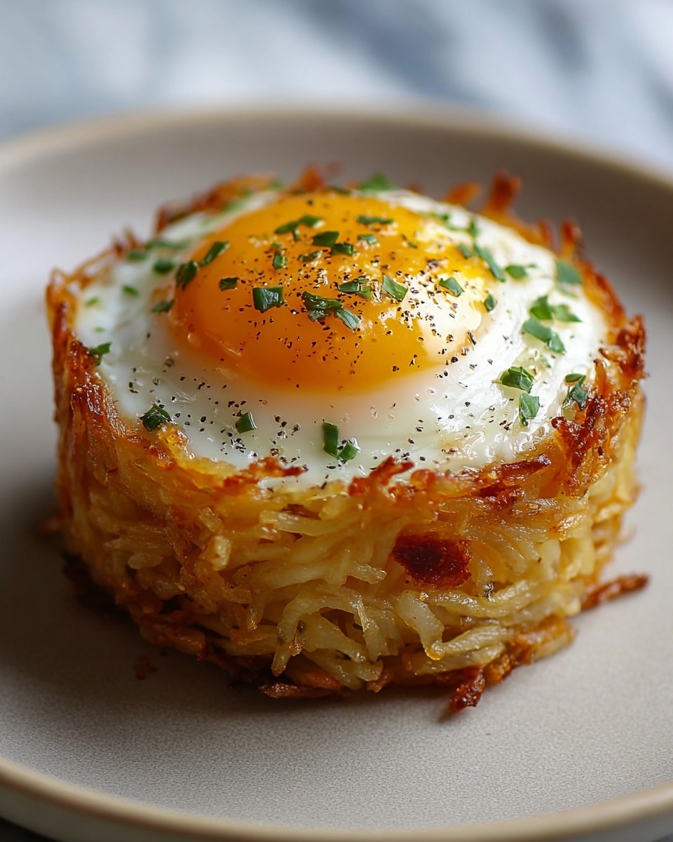 The dish is a small, round stack with two main layers. The bottom layer has a golden-brown, crispy texture made of thin, fried potato strands mixed with small red pieces, giving it a slightly uneven surface. On top of this is a smooth, cooked egg white layer, crowned by a bright, glossy yellow egg yolk sprinkled with coarse black pepper and chopped green herbs. The entire stack sits centered on a simple white plate with a white marbled texture in the background. photo taken with an iphone --ar 4:5 --v 7