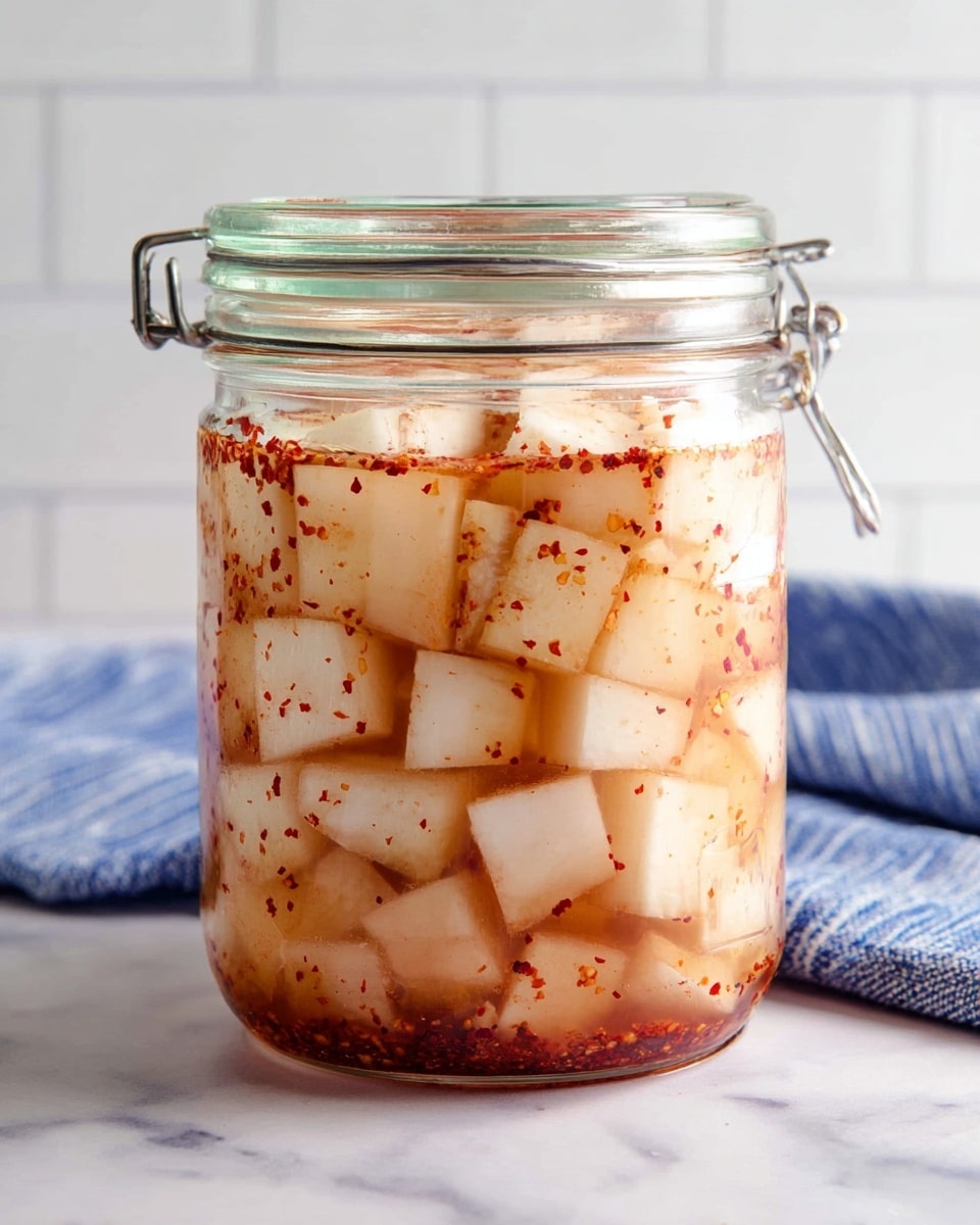 The image shows a clear glass jar filled with white cubed radishes mixed with red chili flakes, sitting in a light orange, slightly cloudy liquid. The radish cubes are stacked densely from the bottom to near the top of the jar, with chili flakes evenly spread throughout. The jar has a metal latch and a rubber seal around the lid. It is placed on a white marbled surface with a blurred white brick background and a blue-striped cloth partially visible on the right side. photo taken with an iphone --ar 4:5 --v 7