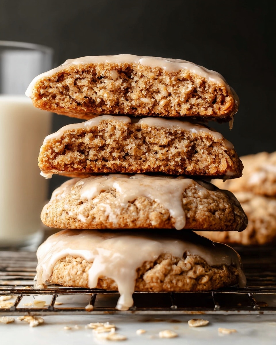 A close-up shot of a stack of four thick oatmeal cookies with a light tan glaze on top, each cookie showing a rough, crumbly texture with visible oats inside. The top cookie is whole and fully glazed, the second and third cookies are halved horizontally to show the chewy inside full of oats, and the bottom cookie is whole with glaze dripping slightly down its sides. The cookies rest on a cooling rack placed on a white marbled surface, with a tall glass of milk partially visible on the left. The background is dark, making the cookies stand out clearly. Photo taken with an iphone --ar 4:5 --v 7