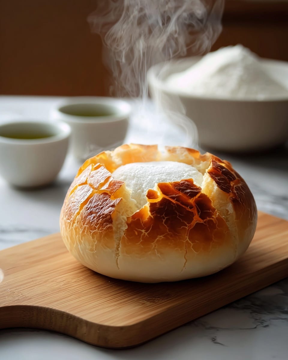 A round steamed bun with a golden brown outer layer that is cracked open in several places, revealing a soft, white, custard-like filling steaming hot from the center. The bun sits on a wooden board with a smooth finish, and in the blurred background, there is a white bowl filled with a white powdery substance and two small white cups with green tea. The overall setting has a warm, cozy feel with soft lighting highlighting the texture of the bun and the steam rising from it. The surface beneath everything is a white marbled texture. photo taken with an iphone --ar 4:5 --v 7
