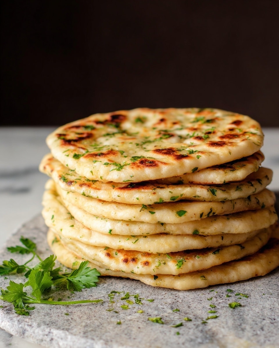 A tall stack of flat, round naan breads with a light golden brown and slightly charred surface is shown, each layer sprinkled with small bits of green herbs. The texture of the naan looks soft and slightly puffy with some uneven air bubbles. The stack sits on a flat, stone-like surface with a white marbled texture in the background. A few fresh green parsley leaves lie near the base of the stack, adding a touch of color. photo taken with an iphone --ar 4:5 --v 7