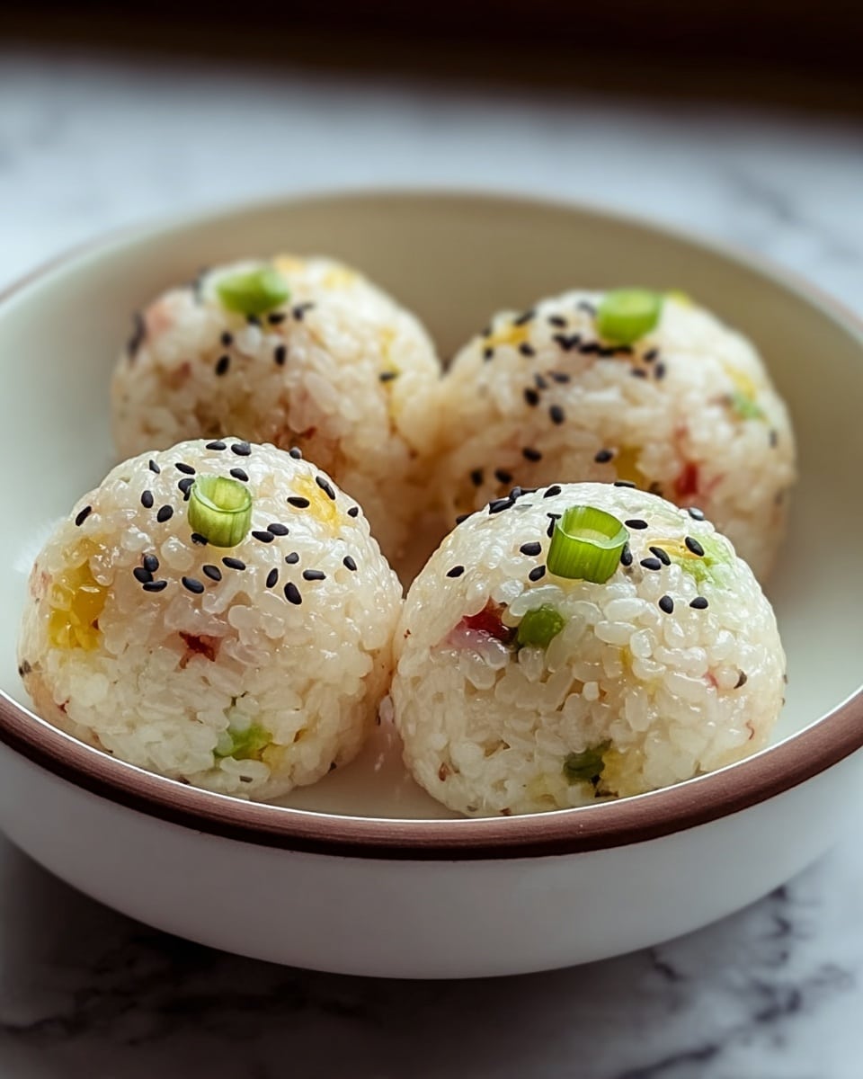The image shows four round rice balls placed neatly inside a white bowl with a thin brown rim. Each rice ball is made of sticky white rice mixed with small bits of yellow, green, and red ingredients, giving them a speckled look. The surface of the rice balls is dotted with black sesame seeds and small pieces of chopped green onion on top, adding contrast and texture. The bowl rests on a white marbled surface, with a soft out-of-focus background adding a calm, natural feel to the scene. photo taken with an iphone --ar 4:5 --v 7