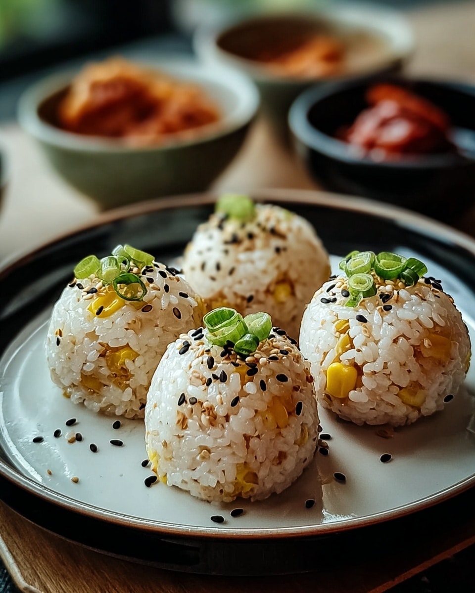 Five round rice balls sit on a white plate with a dark inner surface. The rice balls are made of sticky white rice mixed with small bits of yellow corn and light brown ingredients. Each ball is topped with small green onion pieces and a sprinkle of black and white sesame seeds. The plate sits on a table with a blurred background, showing bowls with sauces or sides. Photo taken with an iphone --ar 4:5 --v 7