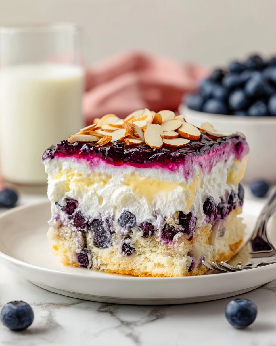 A tall, round cake sits on a white plate over a white marbled surface, composed of two thick layers of golden, soft sponge. Between the layers is a thick white cream with visible blueberries and berry bits inside. The top layer is covered with a smooth, light cream, dripping down with shiny amber caramel sauce that cascades over the edges. The top is decorated with red raspberries, bright red strawberries, deep blue blueberries, and small orange fruit chunks, all accented by dollops of white whipped cream. The fruit is dusted lightly with powdered sugar, giving the cake a fresh, inviting look. Photo taken with an iphone --ar 4:5 --v 7